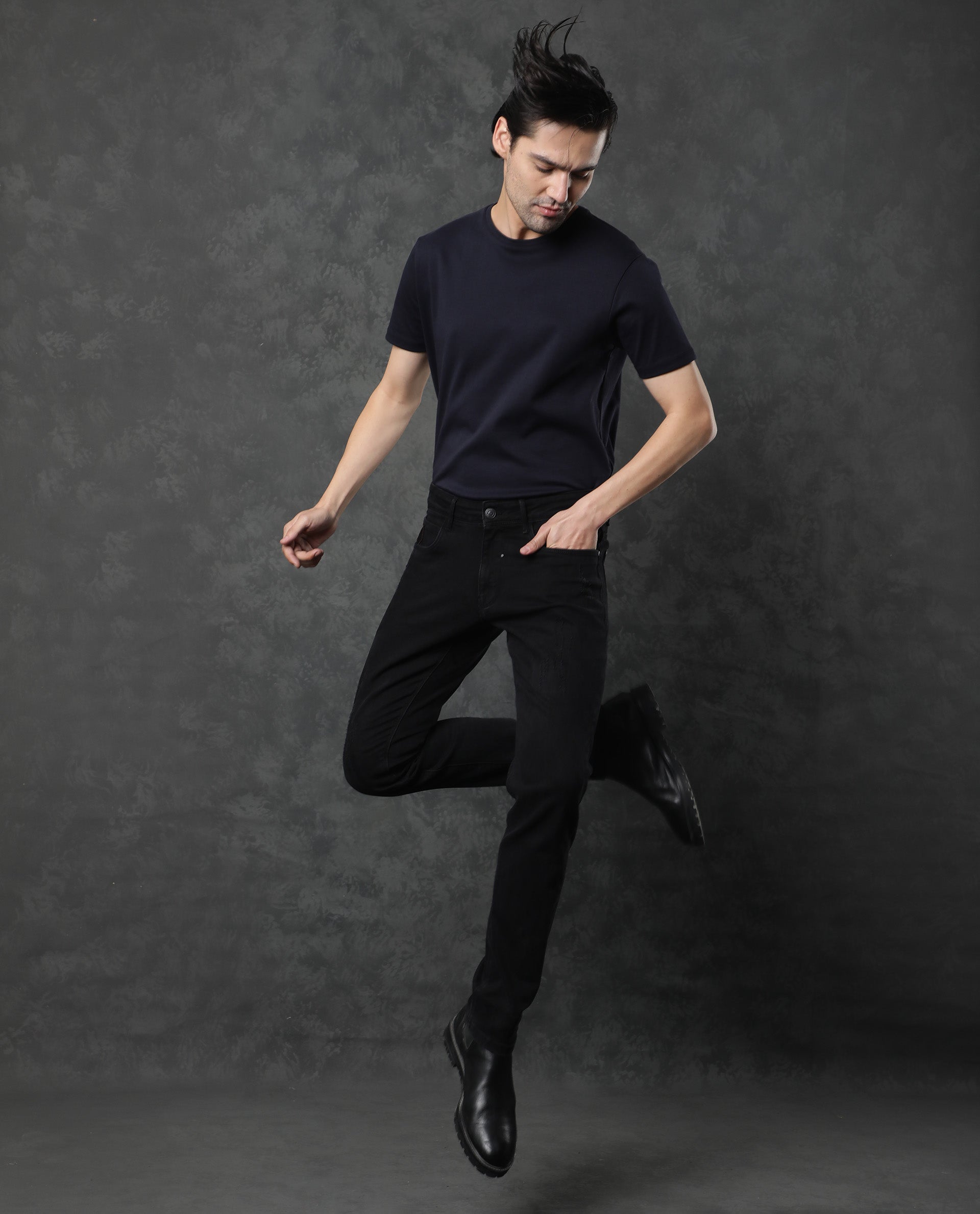 Rare Rabbit Men's Astra Black Rinse Wash Mid-Rise Slim Fit Jeans