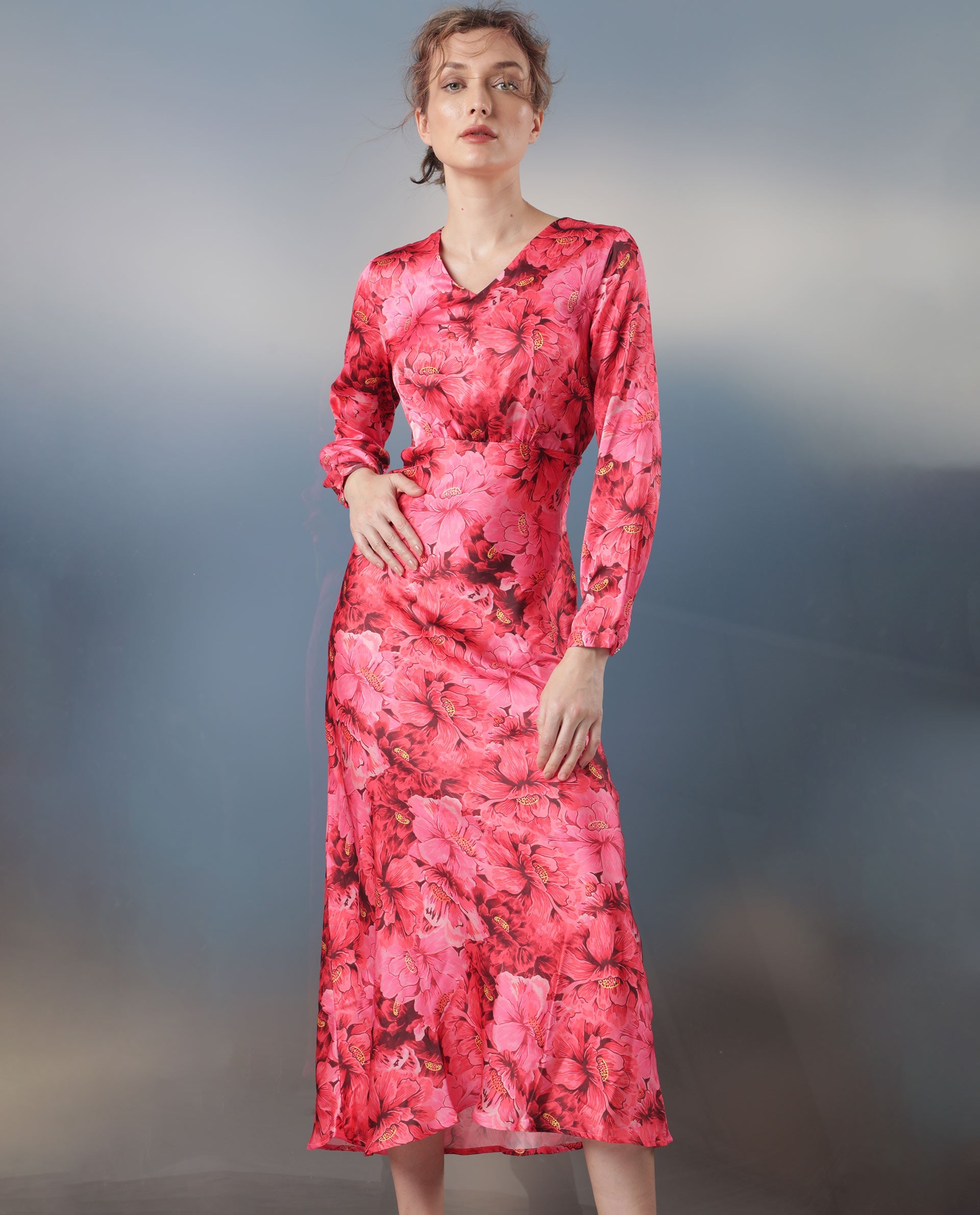 Rareism Women Merlot Maroon Cotton Fabric Full Sleeves V-Neck Regular Fit Floral Print Maxi Empire Dress