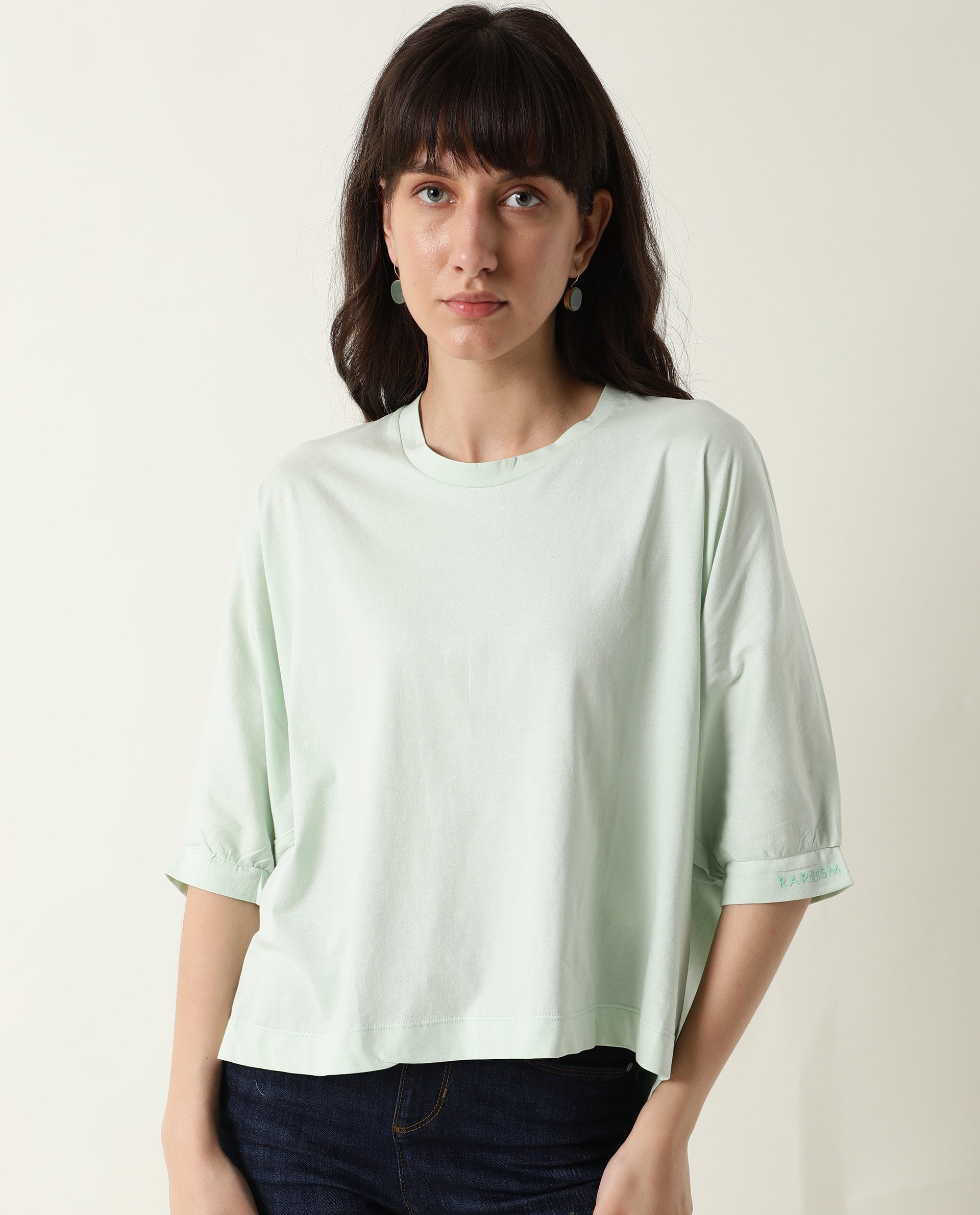 Rareism Womens Osmo Green Top Cotton Fabric Regular Fit Volume Sleeve Round Neck