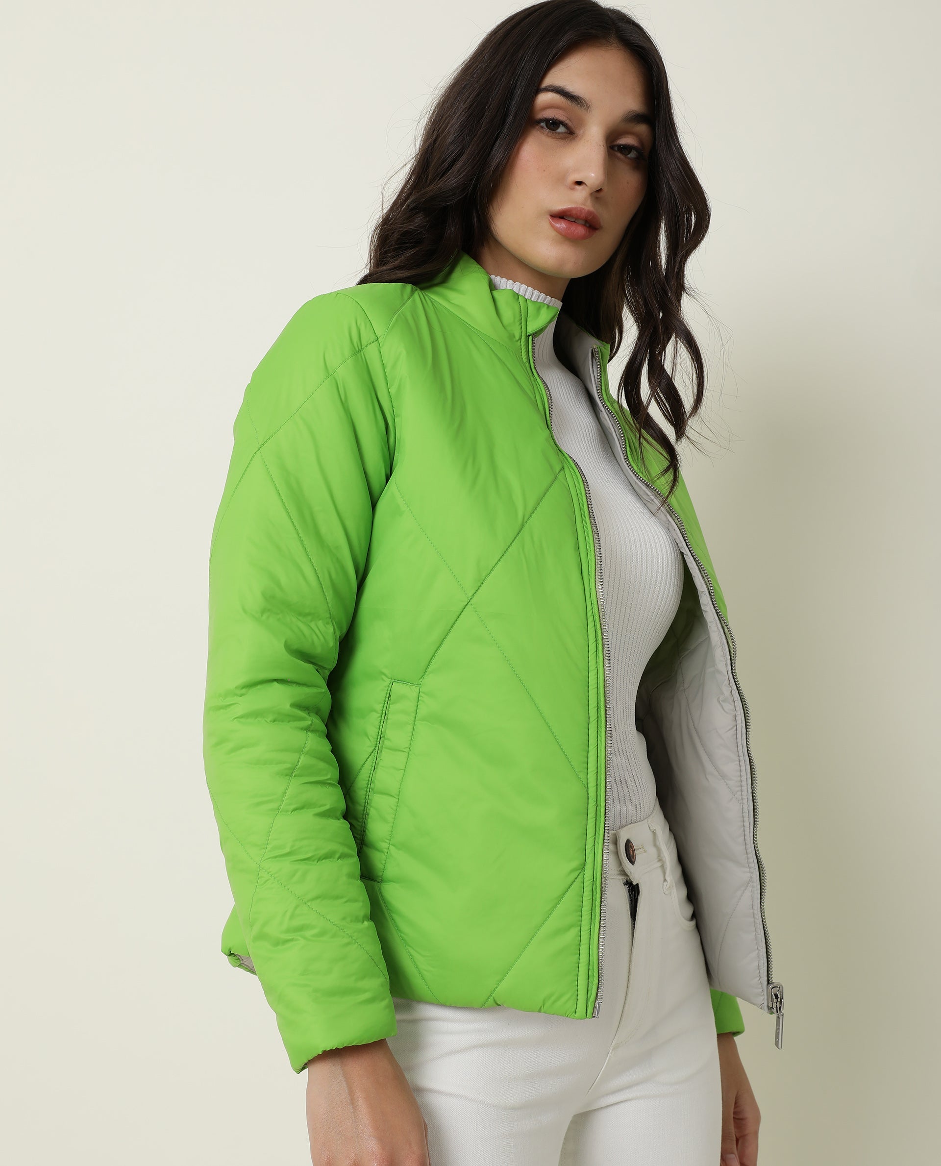Rareism Women Cora Light Green Polyester Fabric Full Sleeves Solid High Neck Jacket