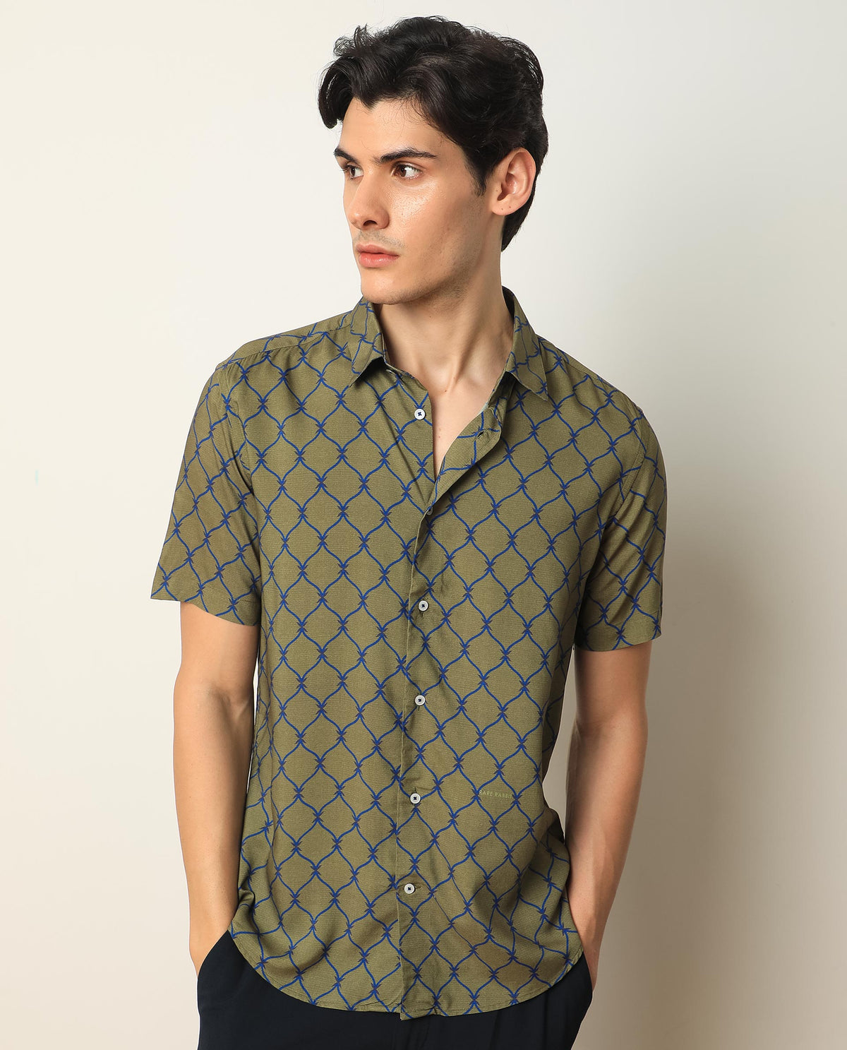 Rare Rabbit Men'S Beldon Olive Short Sleeves Collared Neck Slim Fit