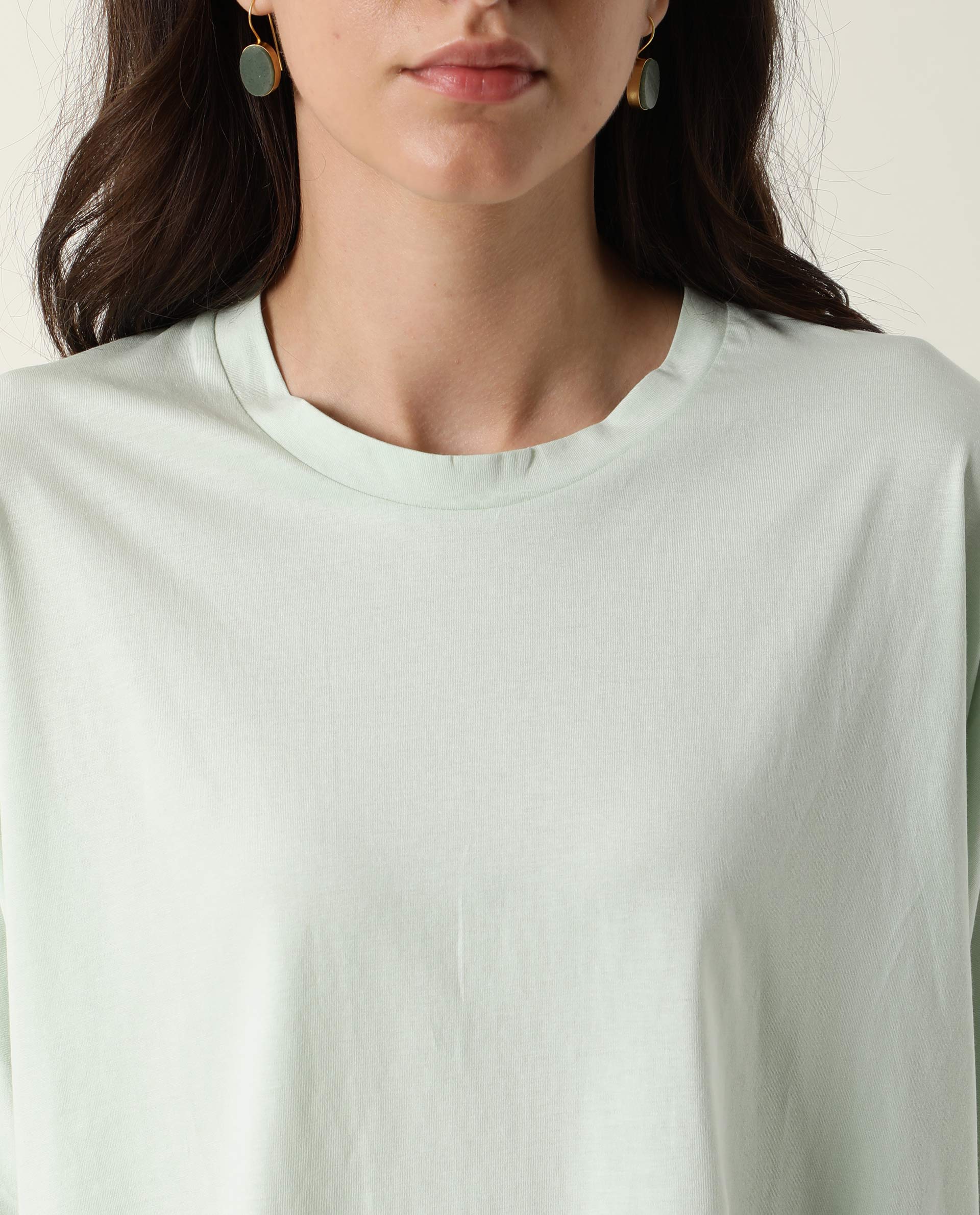 Rareism Womens Osmo Green Top Cotton Fabric Regular Fit Volume Sleeve Round Neck