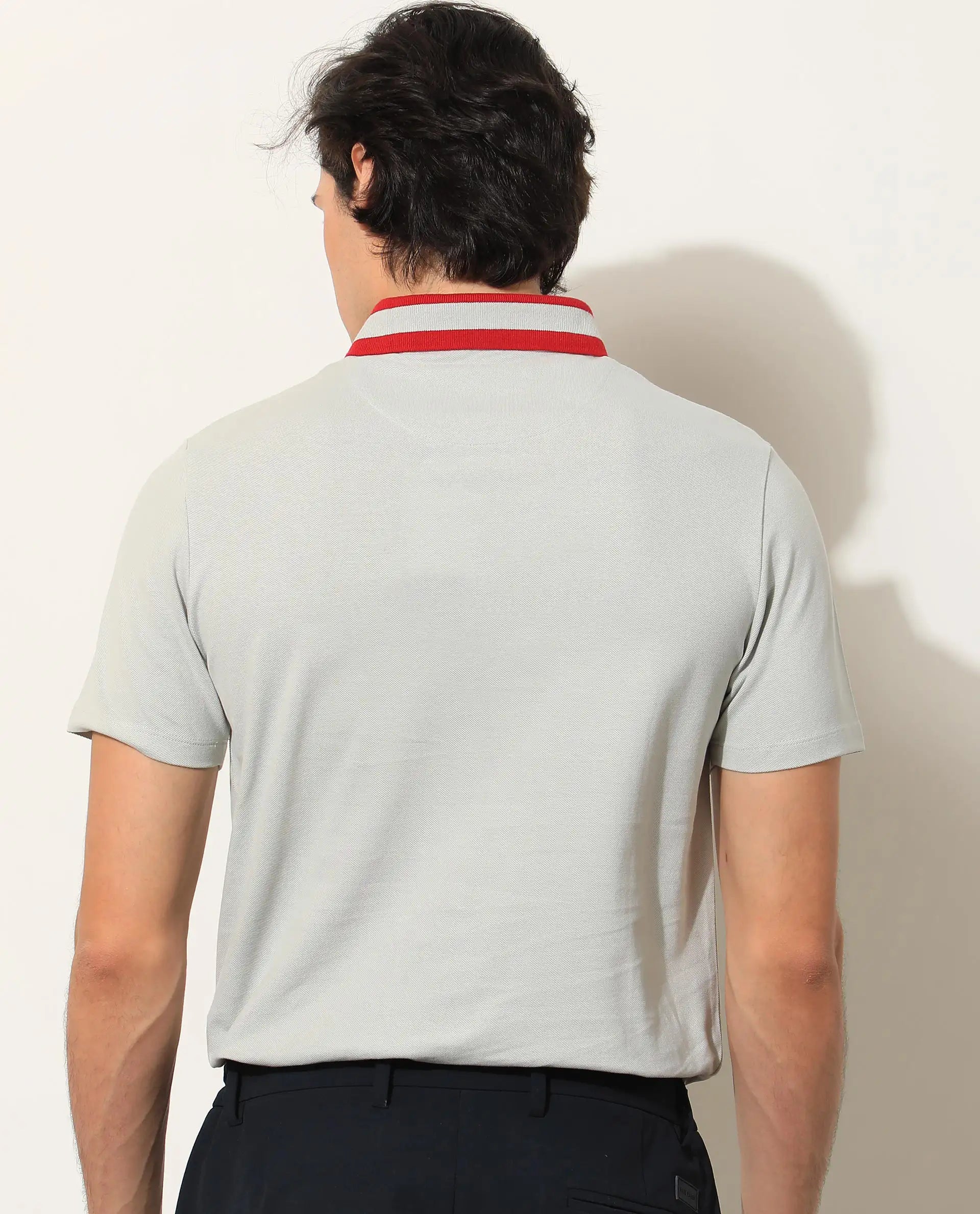 Rare Rabbit Men's Divide Light Grey Cotton Plain Regular Fit Half Sleeve Polo