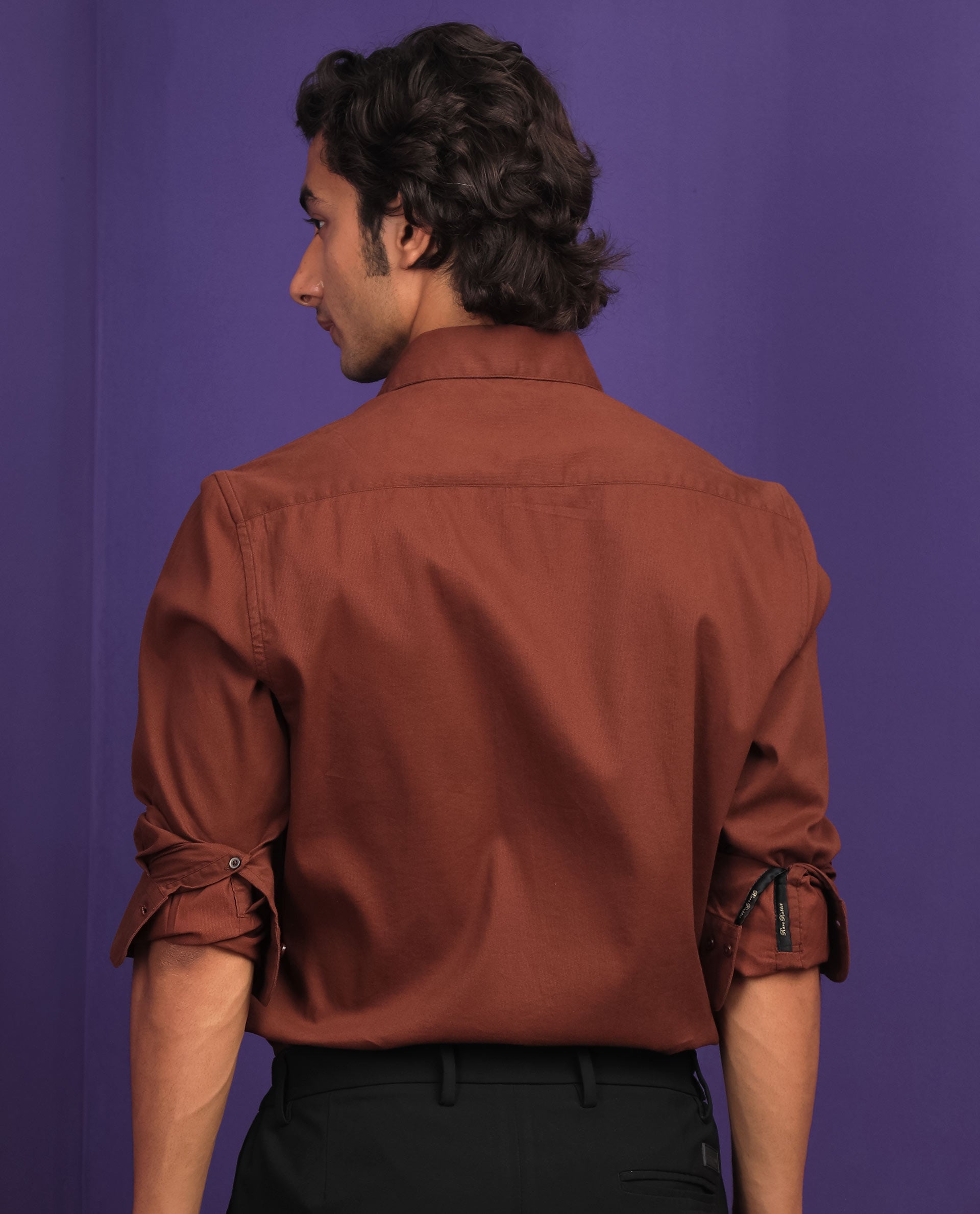 Rare Rabbit Men's Bicton Brown Cotton Lycra Fabric Full Sleeves Solid Twill Shirt