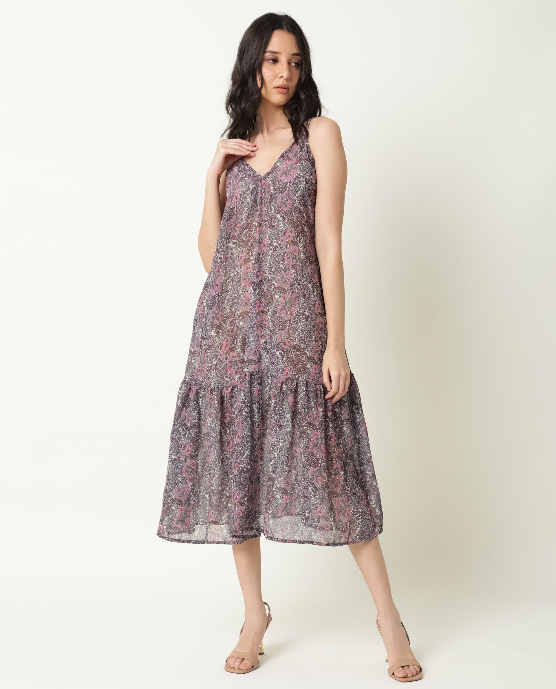 Rareism Women Hilda Pink Abstract Print V Neck Double Spaghetti Straps Tiered Midi Dress