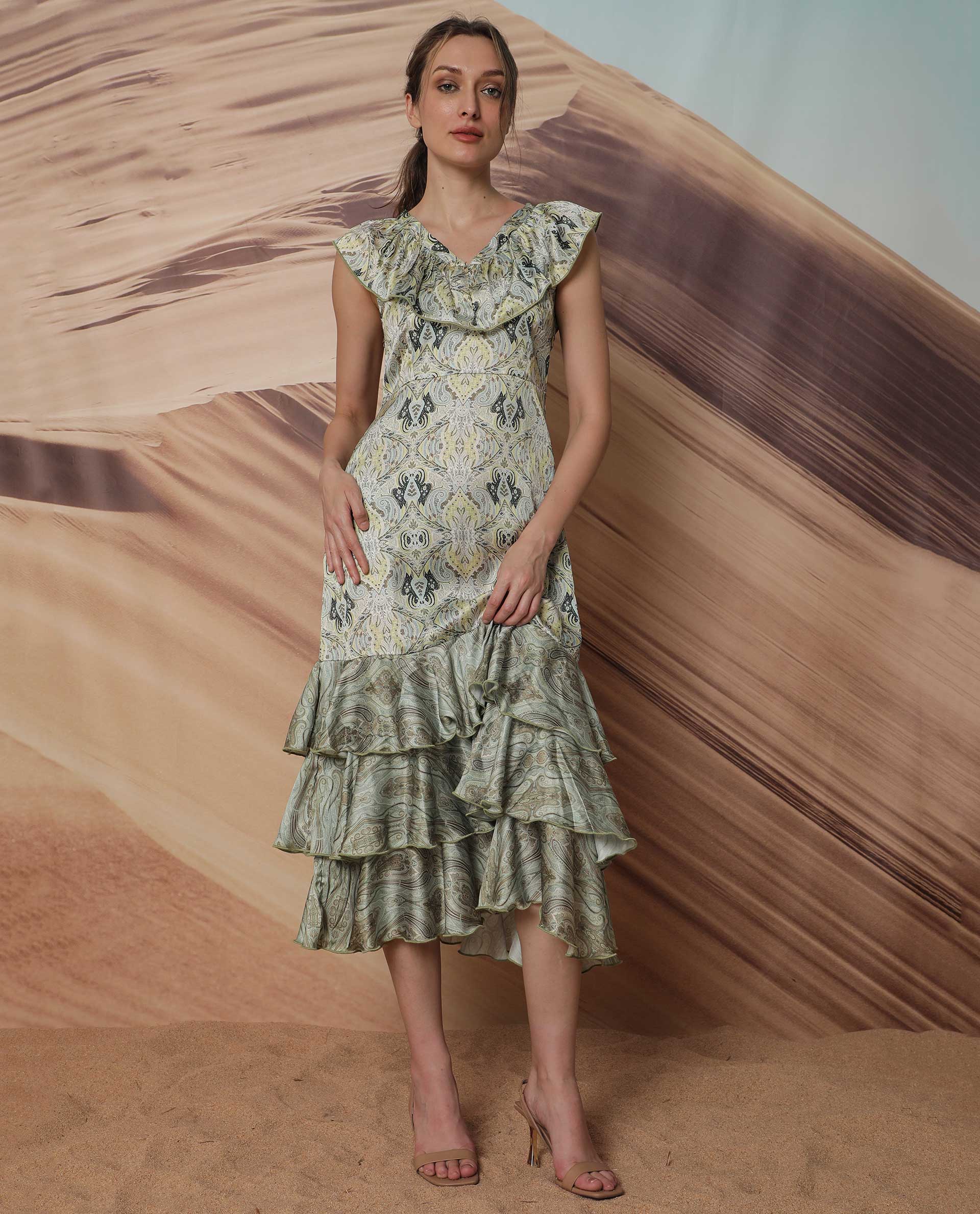 Rareism Women Aishia Off White Polyester Fabric Ruffled Neck Sleeveless Regular Fit Paisley Print Midi A-Line Dress