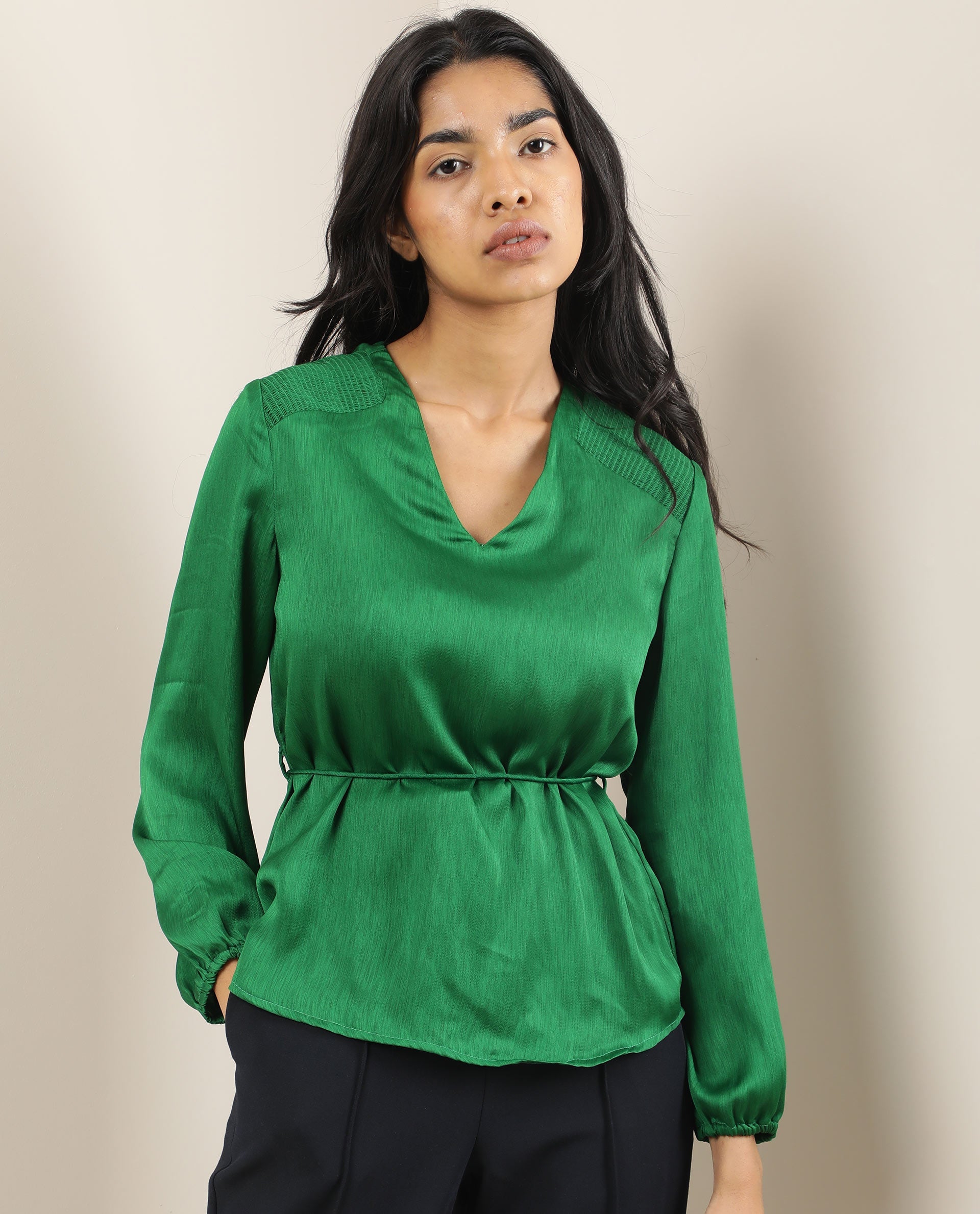 Rareism Womens Dronite Green Top Polyester Fabric Full Sleeve V Neck
