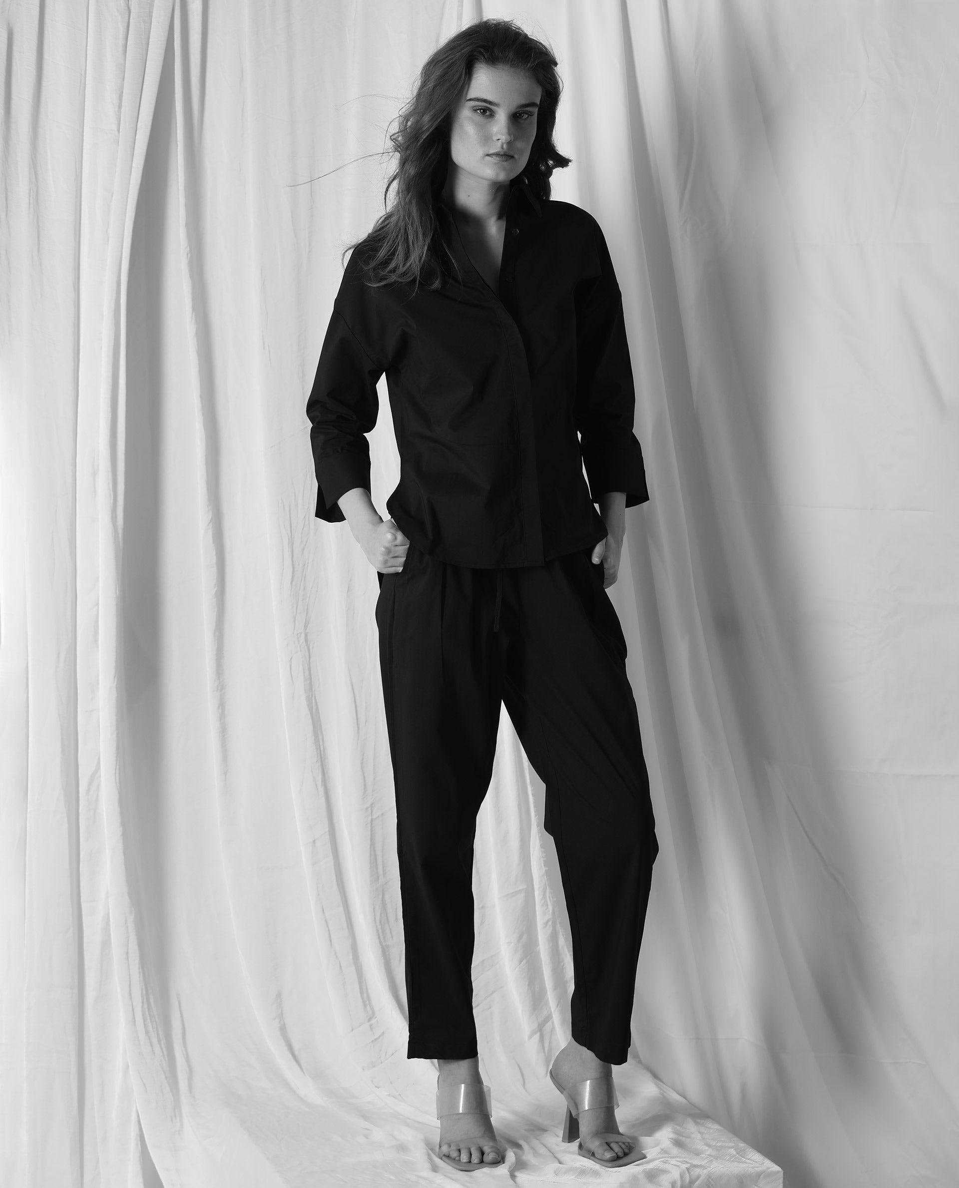 Rareism Womens Eleven Black Top Polyester Fabric Regular Fit 3/4 Sleeve Collared Neck