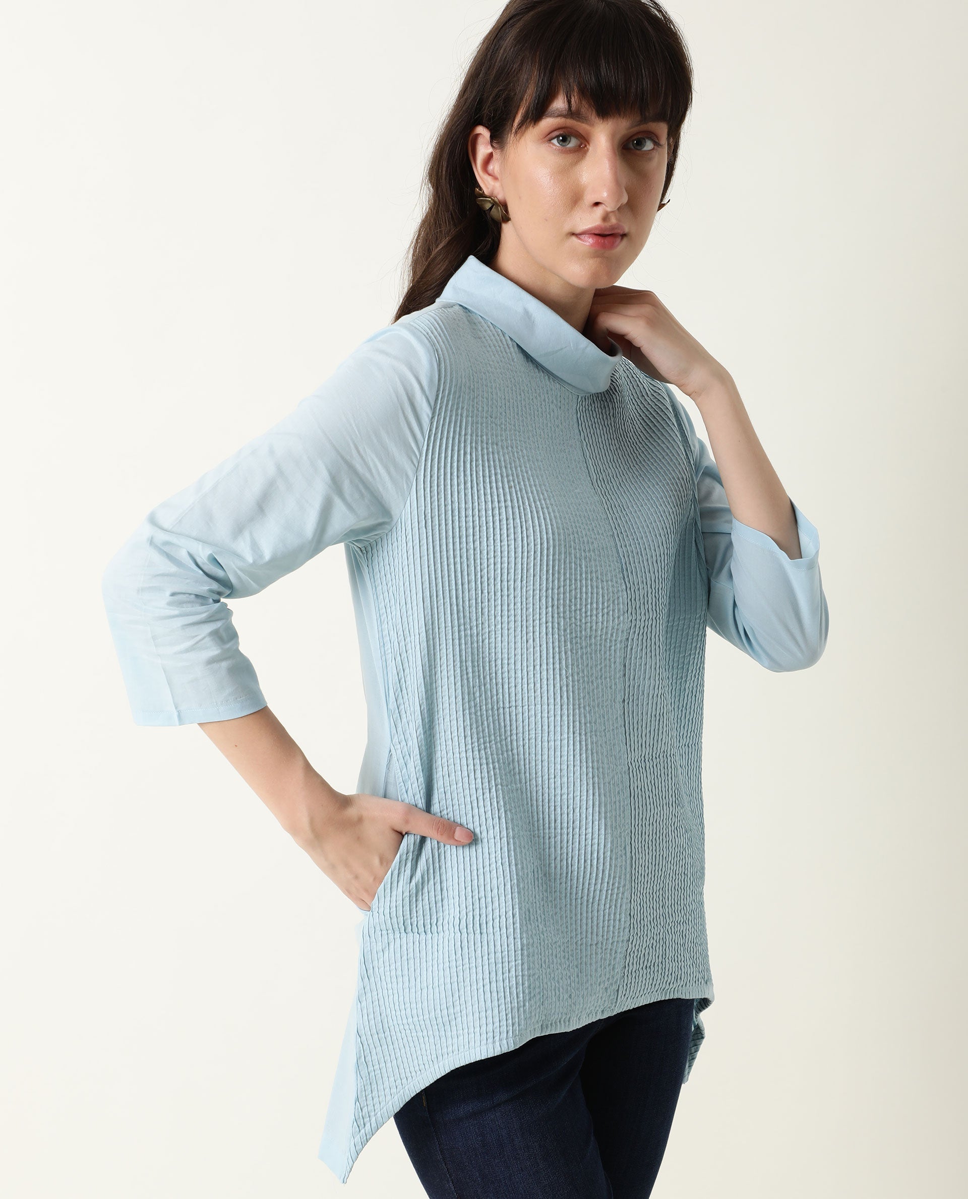 Rareism Women Printol Blue Cotton Fabric Regular Fit Turttle Neck 3/4Th Sleeves Ribbed Top