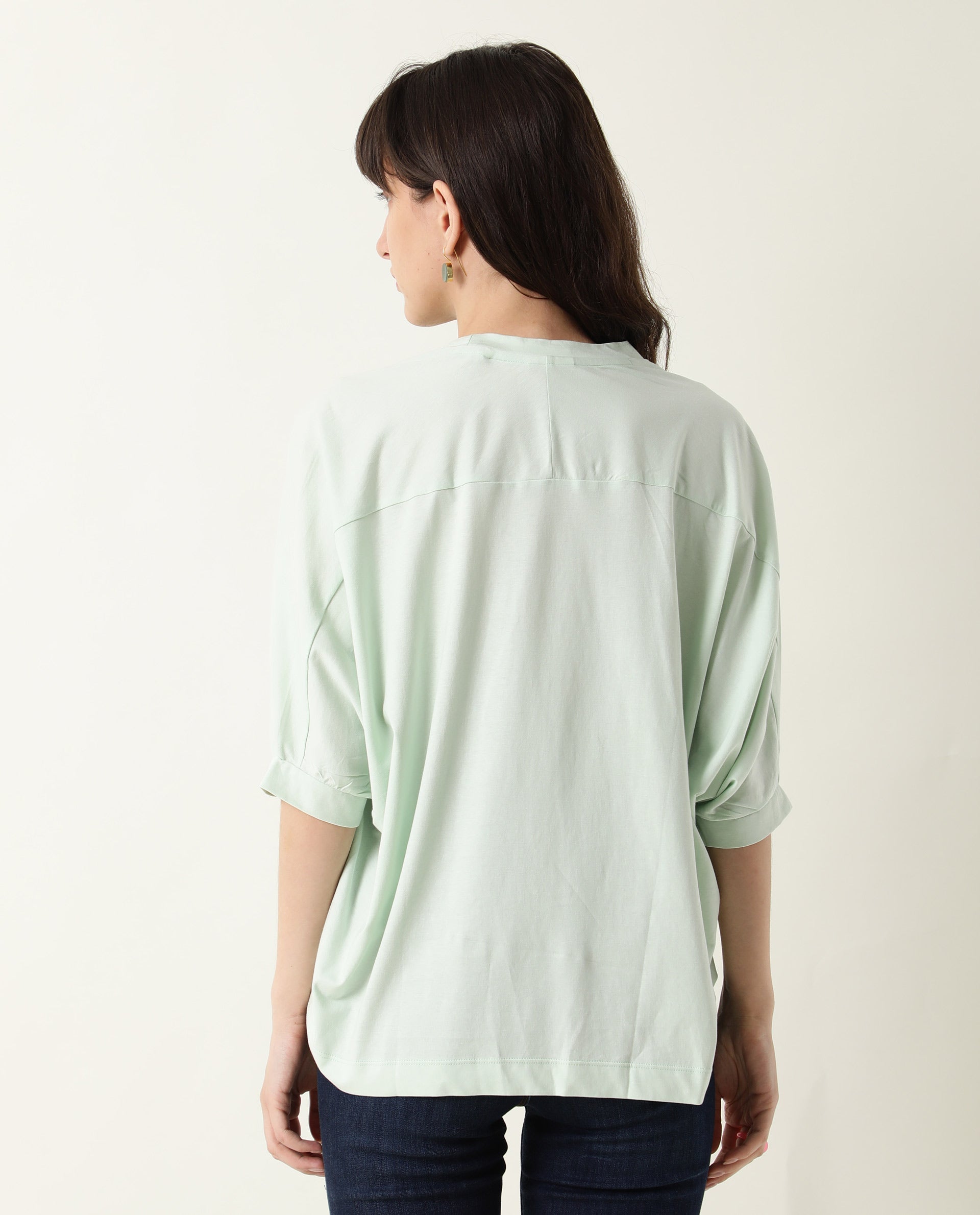 Rareism Womens Osmo Green Top Cotton Fabric Regular Fit Volume Sleeve Round Neck