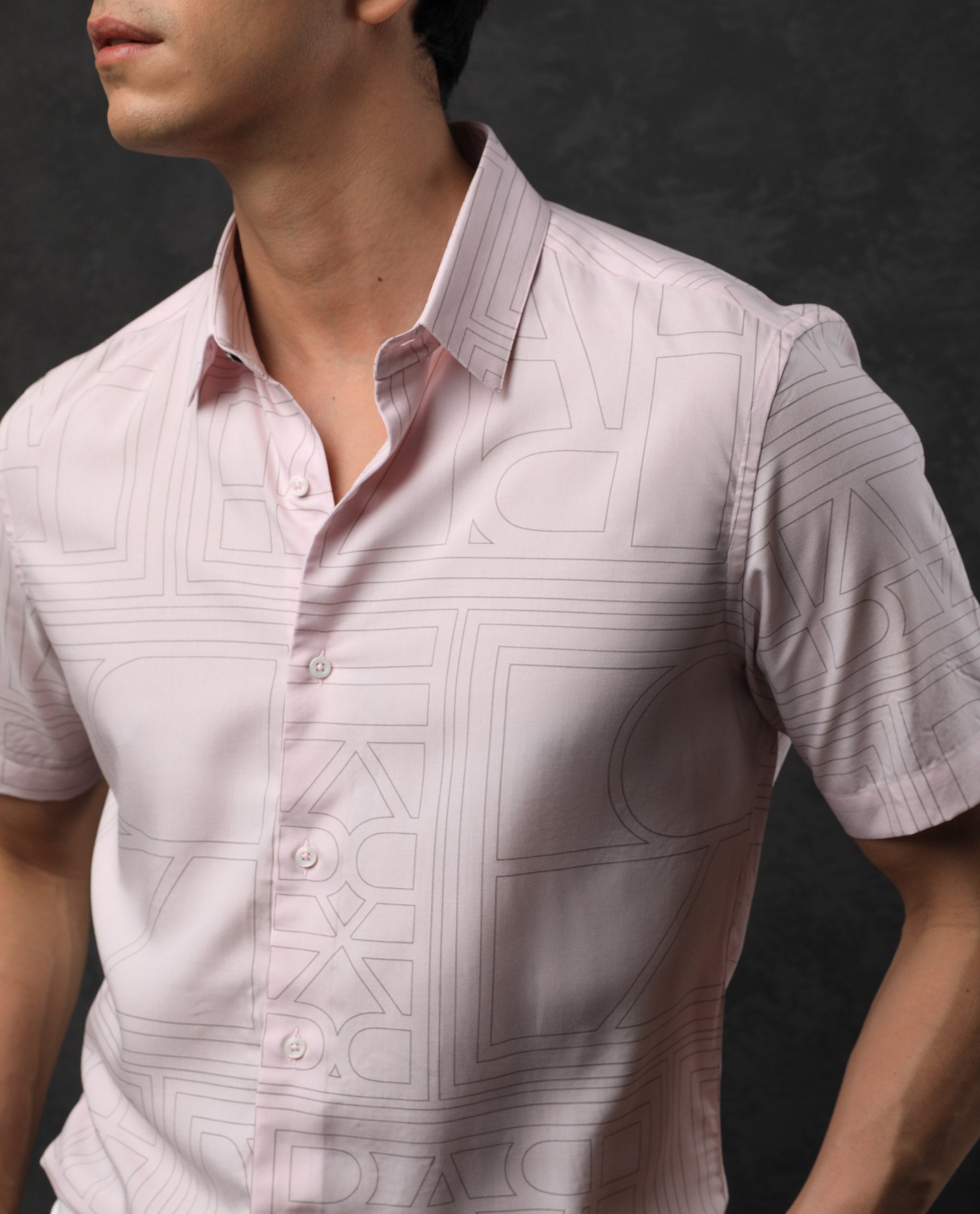 RARE RABBIT MEN'S MALFOR SS PASTEL PINK SHIRT SHORT SLEEVES COLLARED NECK PRINT