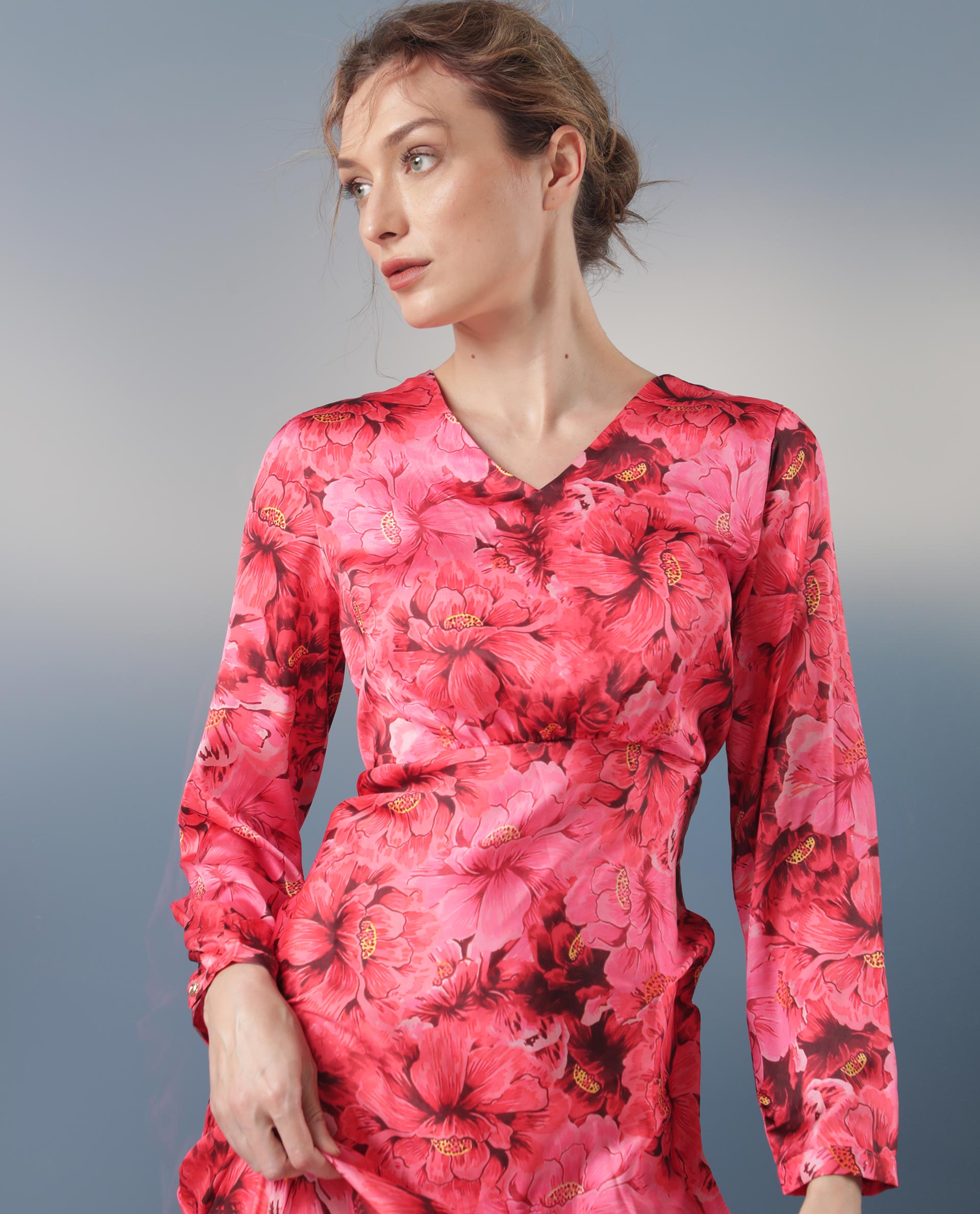 Rareism Women Merlot Maroon Cotton Fabric Full Sleeves V-Neck Regular Fit Floral Print Maxi Empire Dress