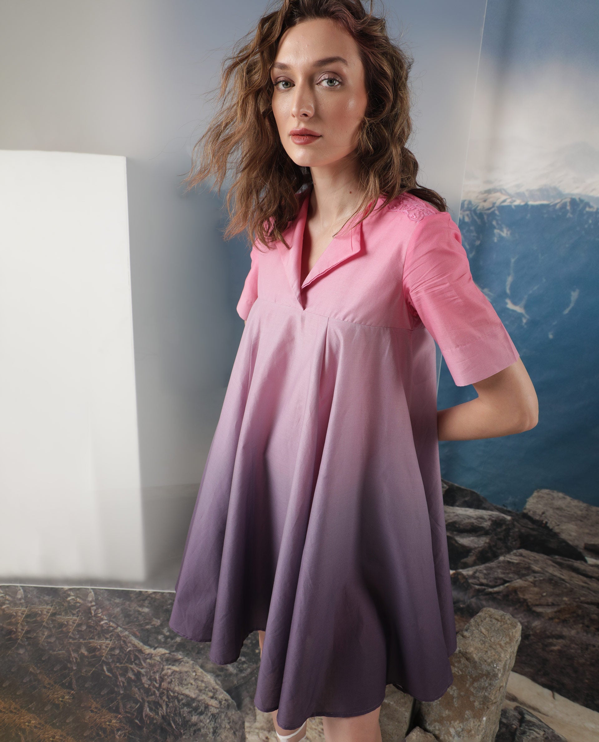 Rareism Women Celine Purple Cotton Fabric Short Sleeves Over Lap Flared Fit Ombre Knee Length Empire Dress