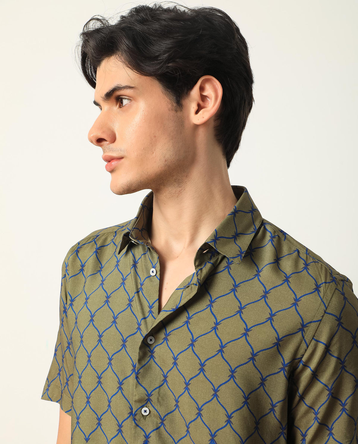 Rare Rabbit Men'S Beldon Olive Short Sleeves Collared Neck Slim Fit