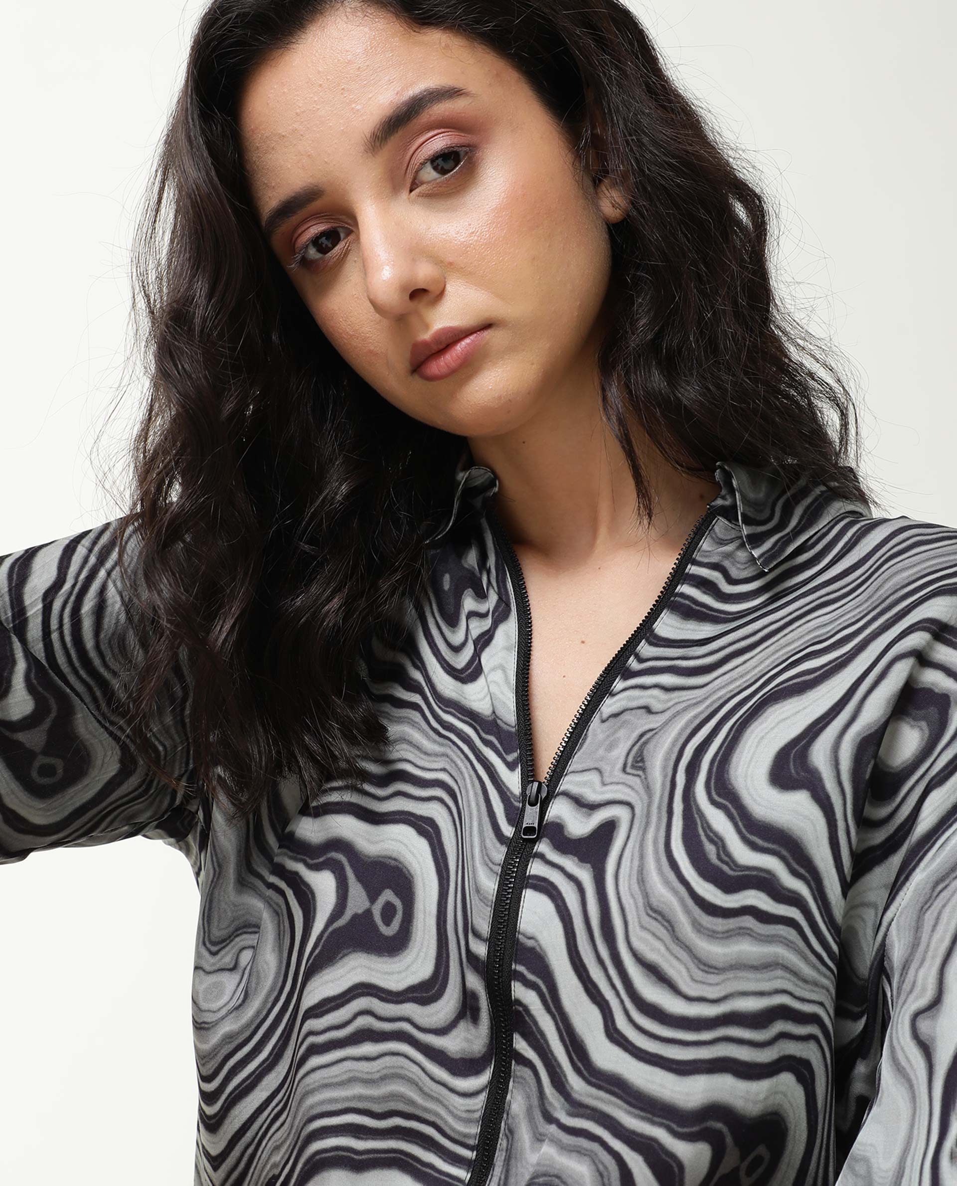 Rareism Women Santa Black Modal Satin Fabric Regular Fit Shirt Collar Abstract Print Playsuit