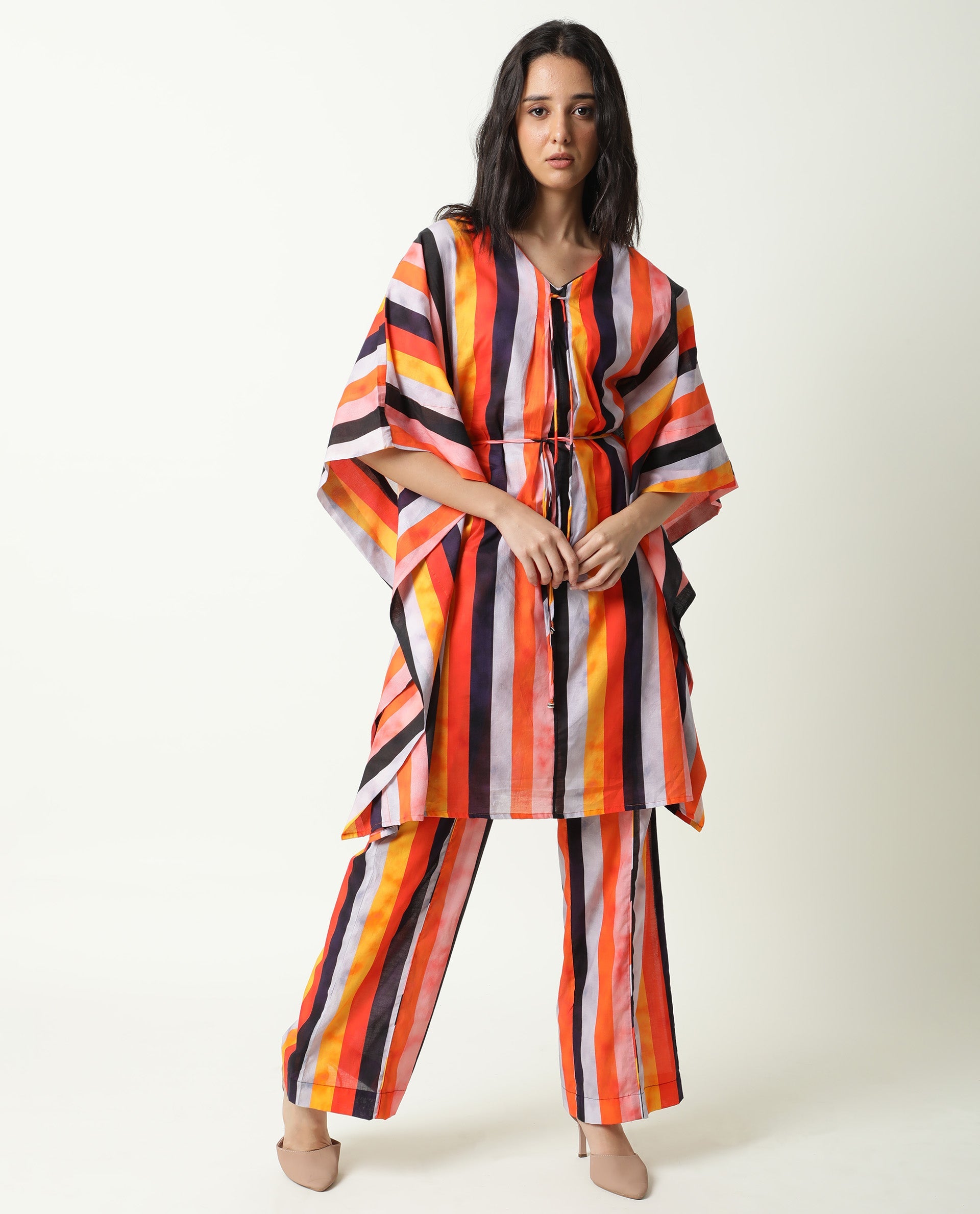 Rareism Women Fact Multi Abstract V Neck Tie Up At Neck And Waist Kaftan Knee Length Dress