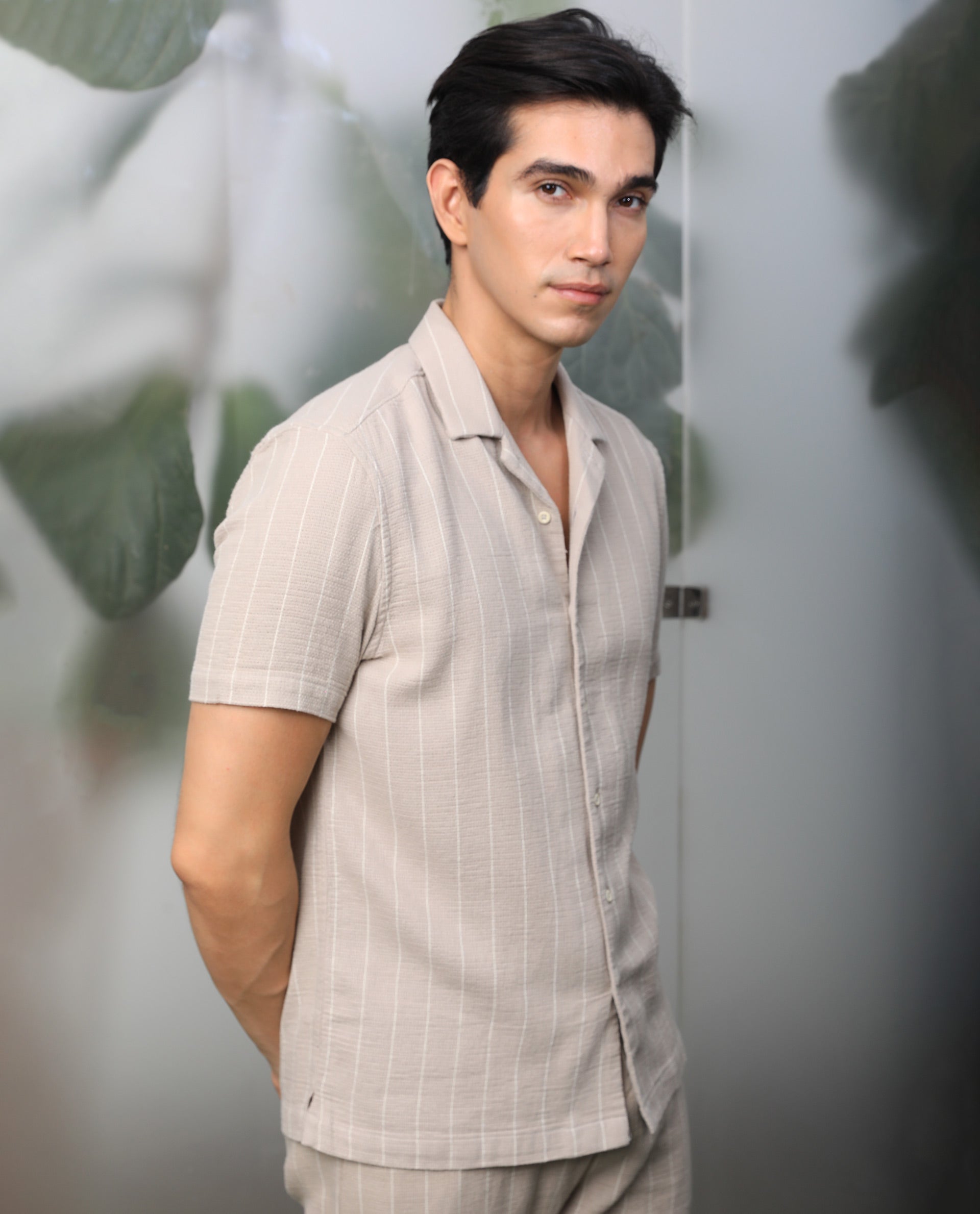 Rare Rabbit Men's Nano Beige Cotton Fabric Cuban Collar Half Sleeves Loosely Knit Stripe Shirt