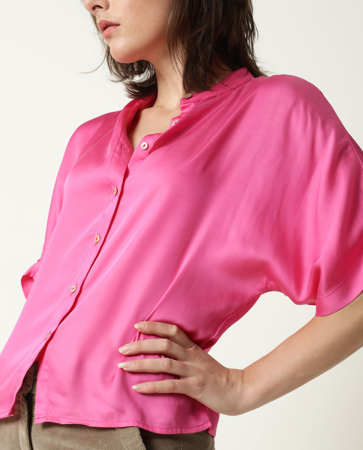 Rareism Womens Paige Pink Top Modal Satin Fabric Regular Fit Kimono Sleeve Mandarin Neck