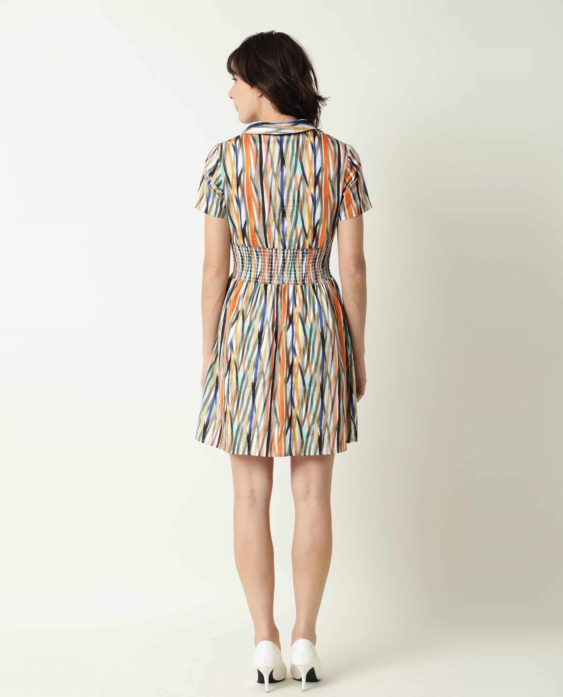 Rareism Women Shallom Multi Abstract V Neck Overlap Collar Short Sleeves Elastic Waist Band Mini Dress