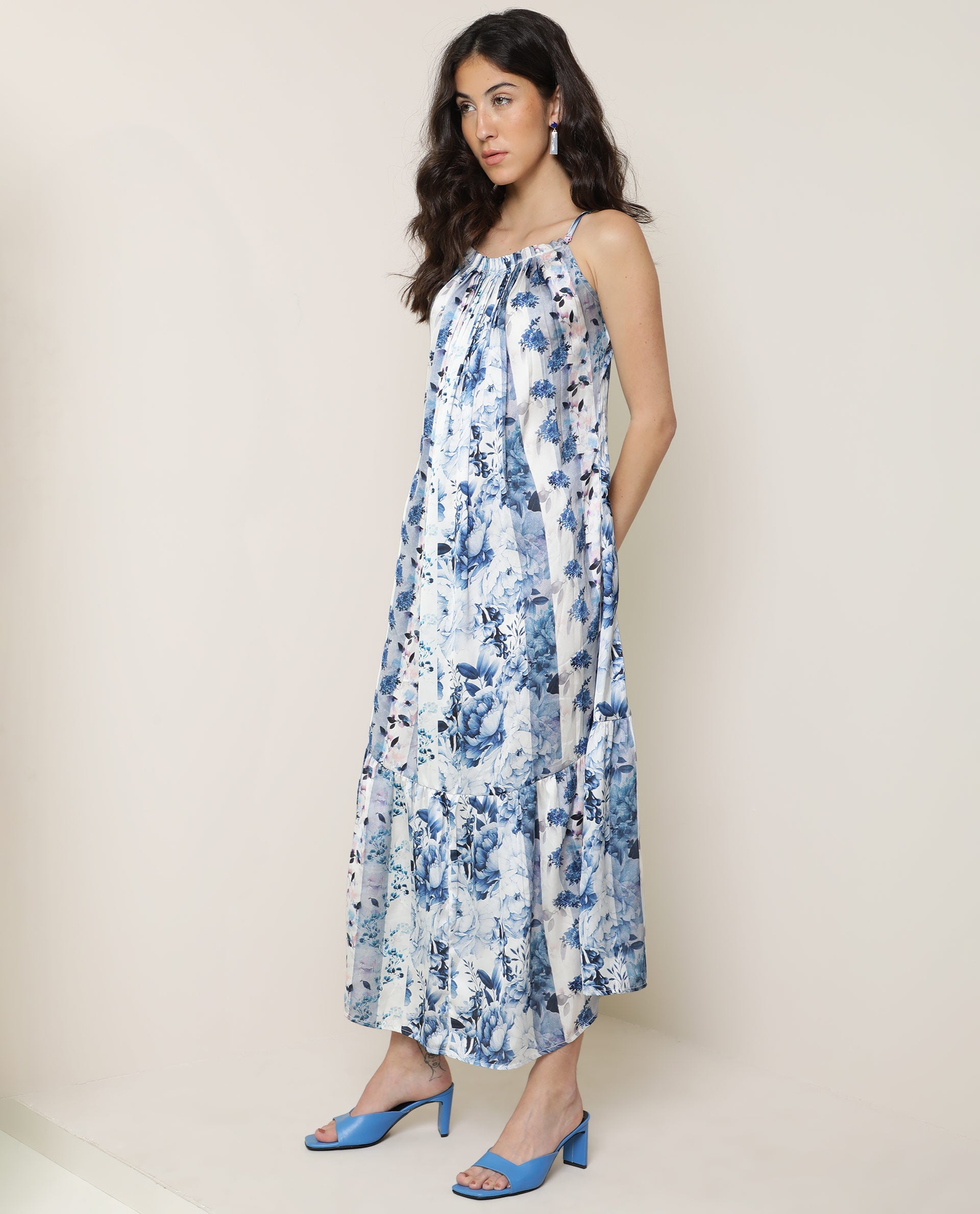 Rareism Women's Macy Light Blue Polyester Fabric Shoulder Straps Slip-On Closure Sleeveless Floral Print Maxi Dress