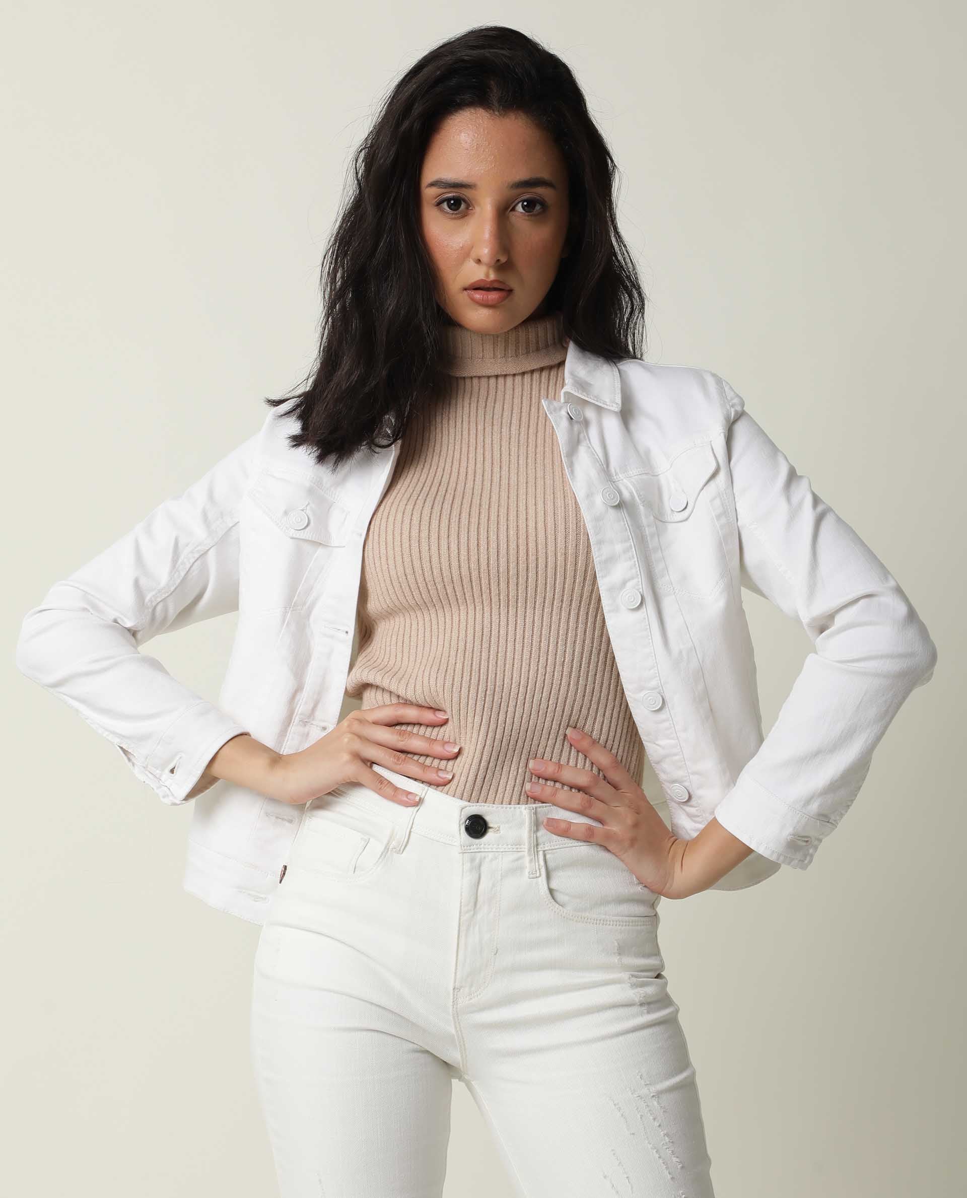 Rareism Women Misso White Cotton Lycra Fabric Full Sleeves Solid Shirt Collar Jacket