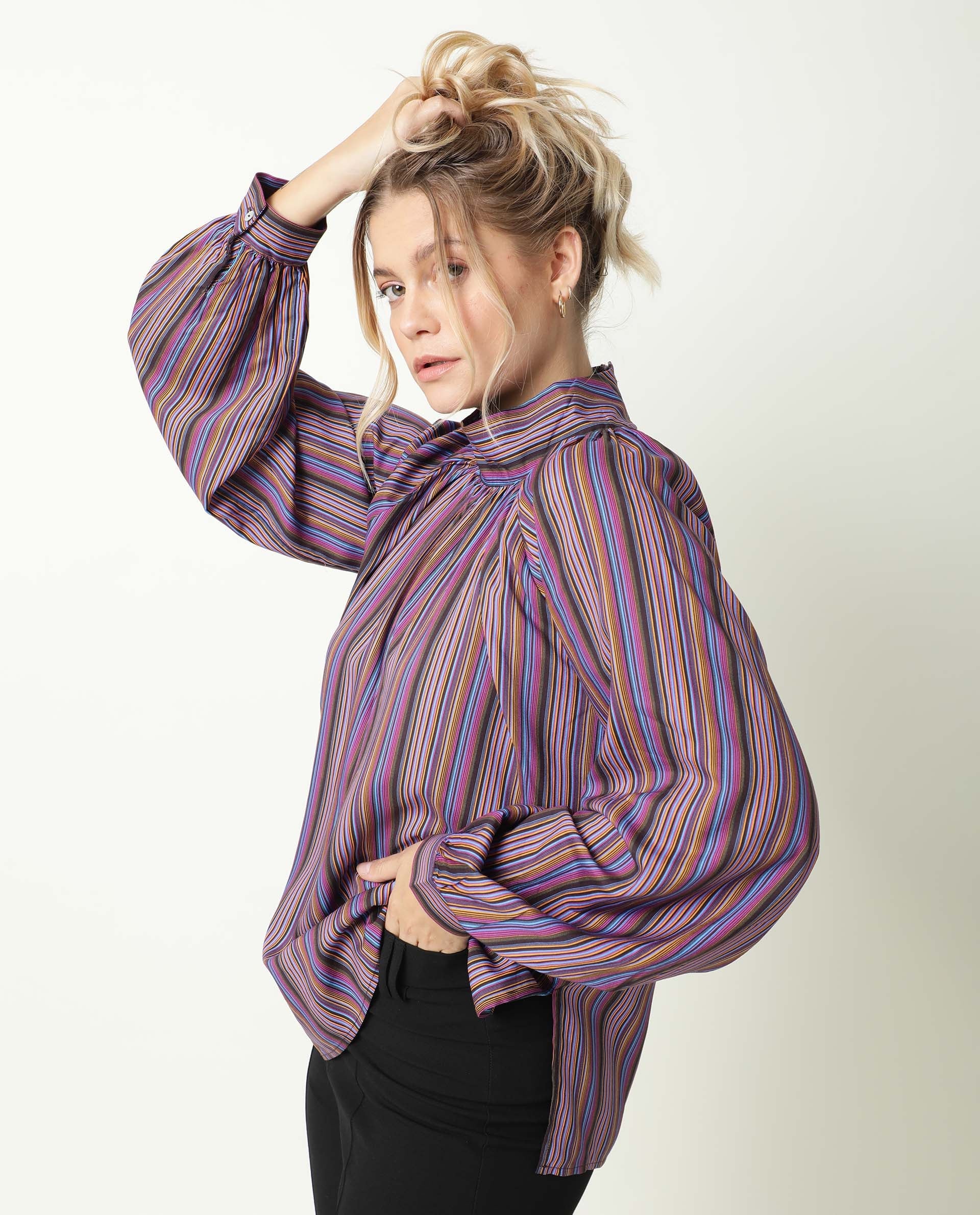 Rareism Womens Autumn Multi Color Top Polycotton Fabric Full Sleeves High Neck