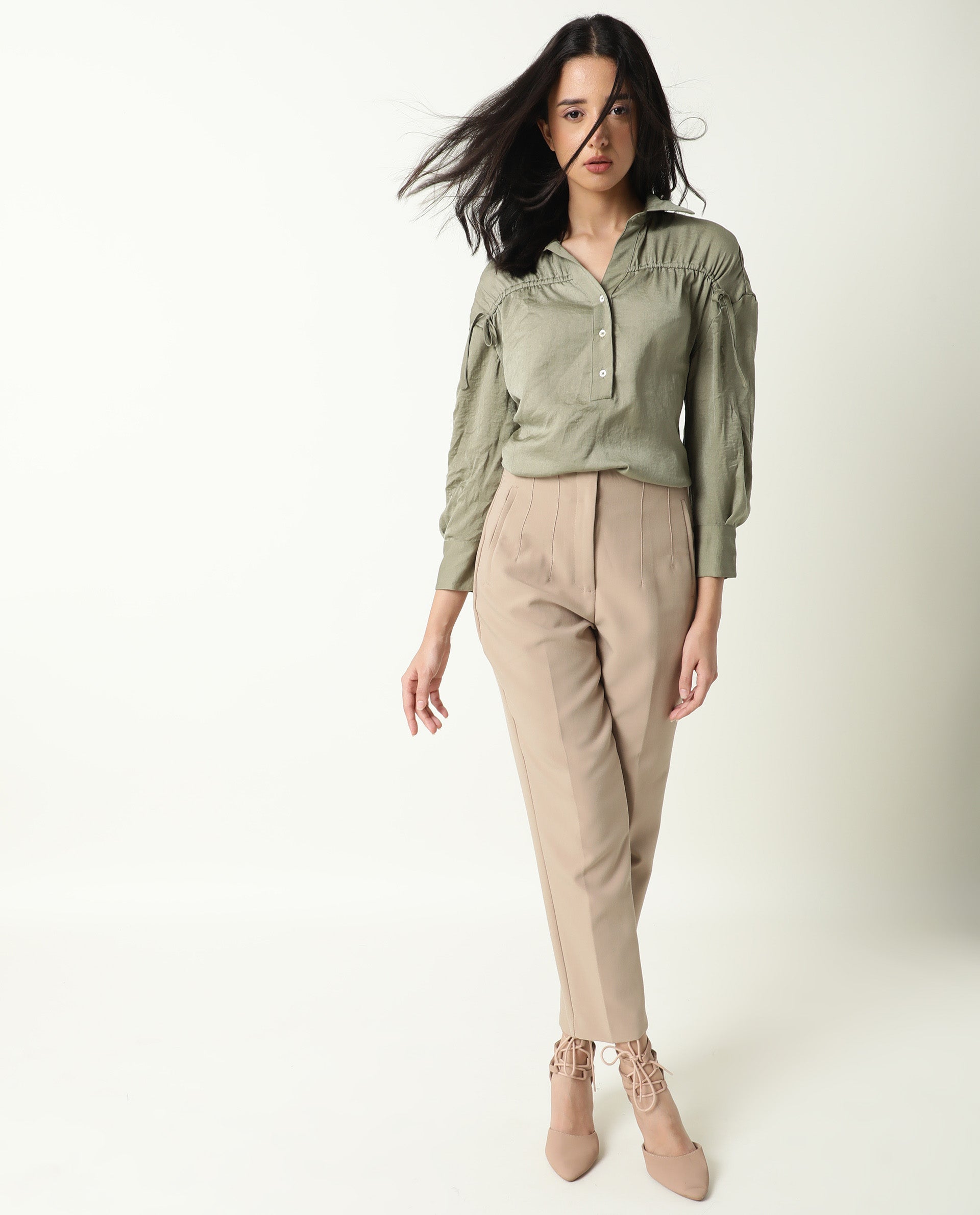 Rareism Womens Hullay Green Top Polyester Fabric Regular Fit 3/4 Sleeve Collared Neck