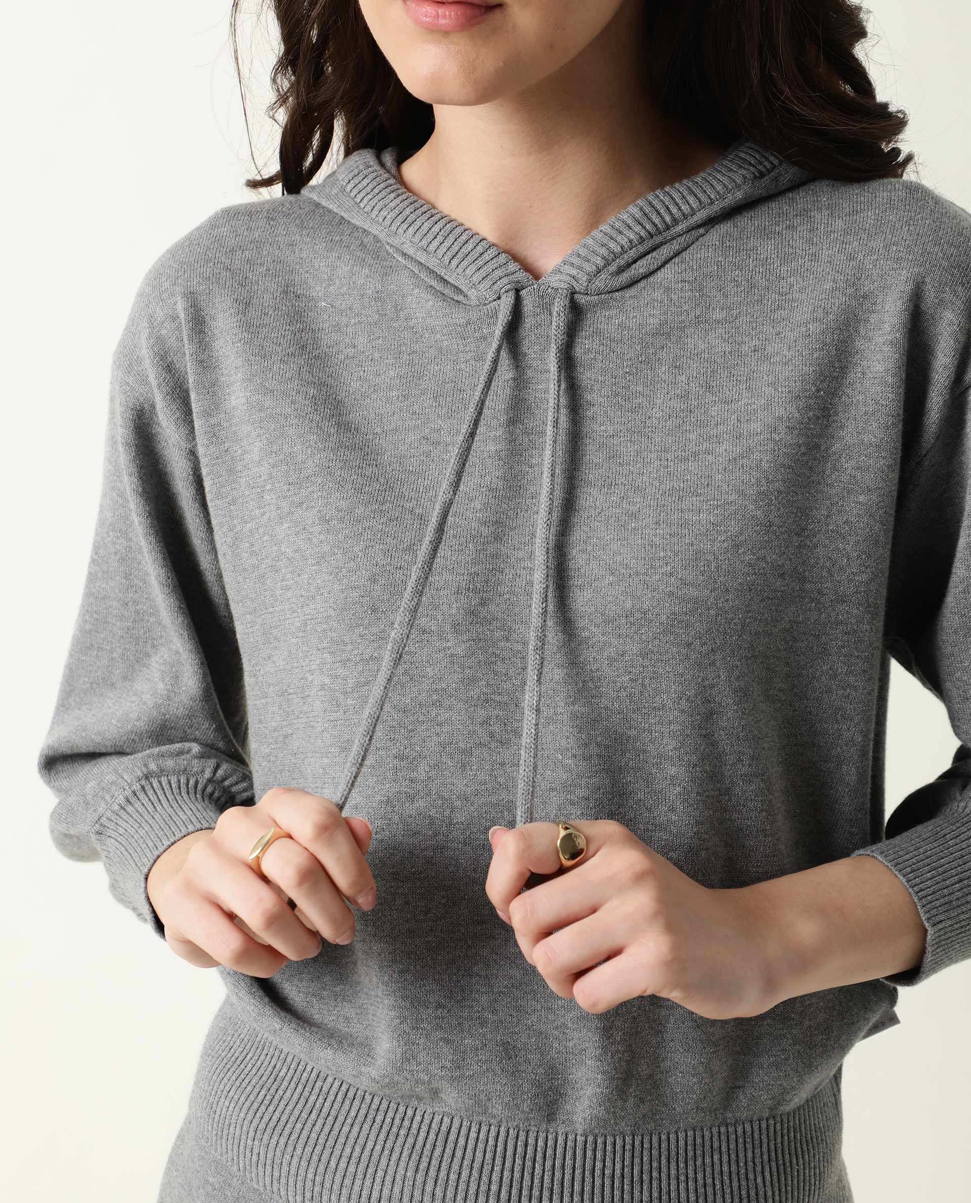 Rareism Women Finn Melange Grey Cotton Fabric Relaxed Fit Full Sleeves Solid Knee Length Hooded Track Suit