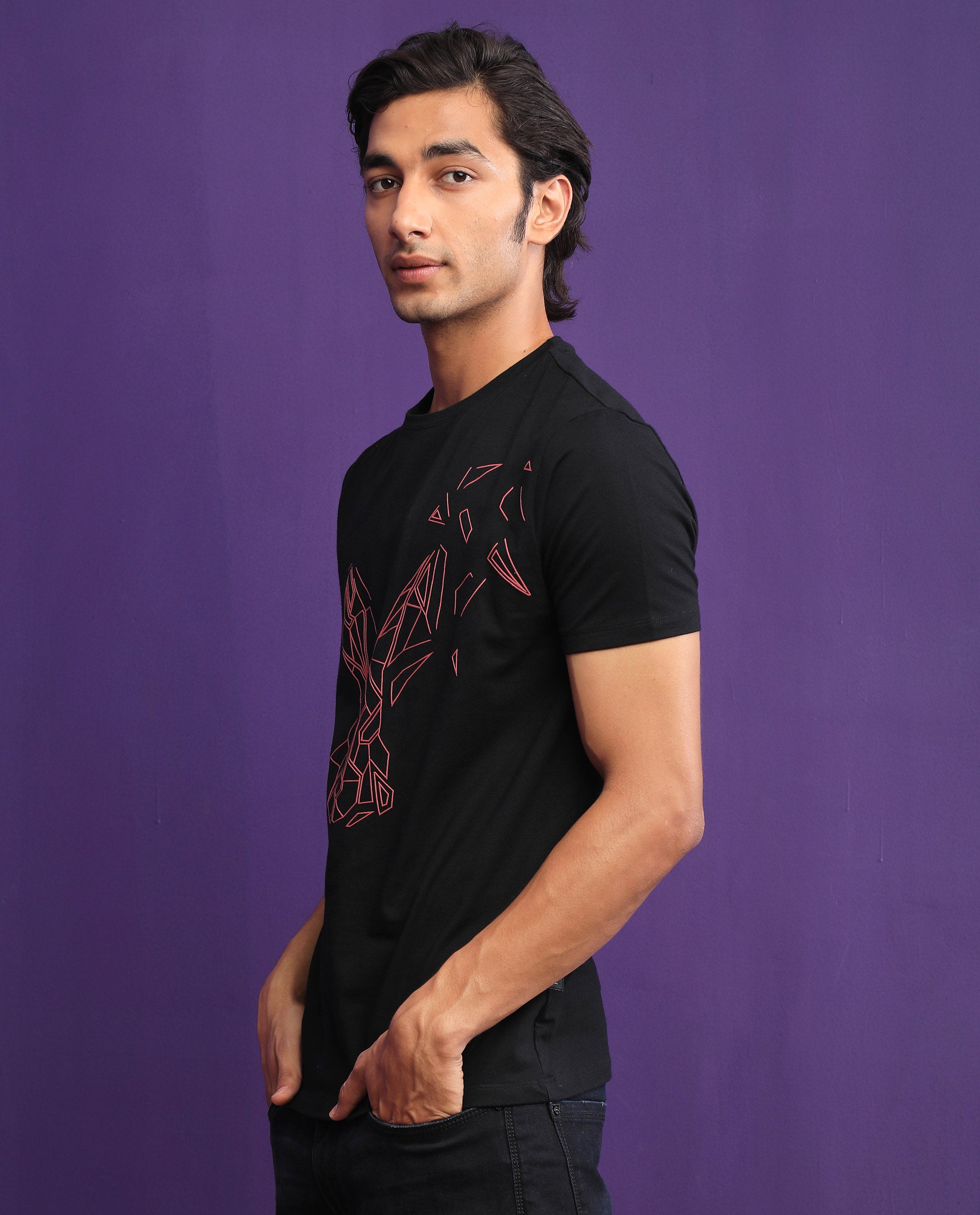 Rare Rabbit Mens Flames 2 Black Cotton Lycra Fabric Short Sleeves Crew Neck Slim Fit T-Shirt