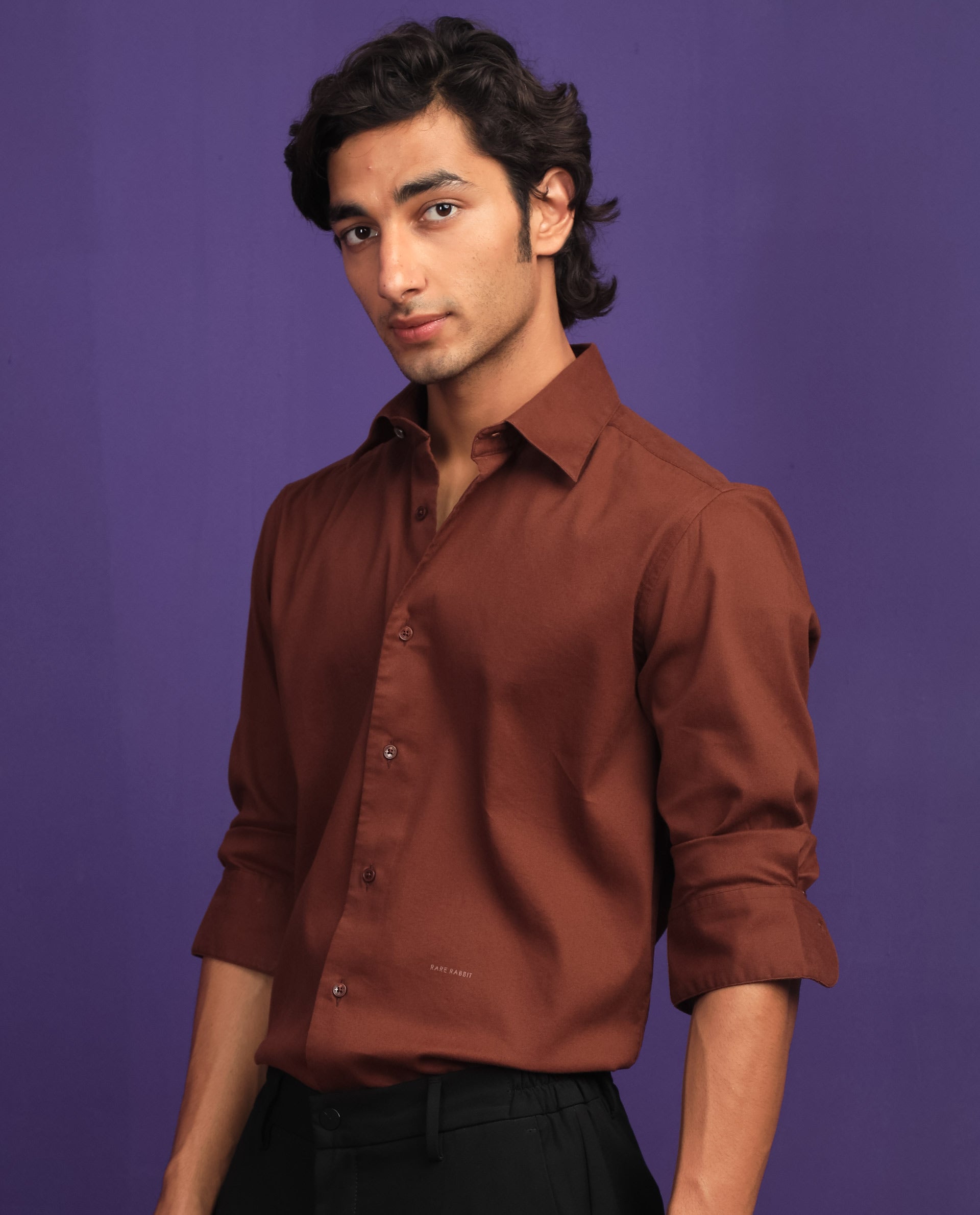 Rare Rabbit Men's Bicton Brown Cotton Lycra Fabric Full Sleeves Solid Twill Shirt