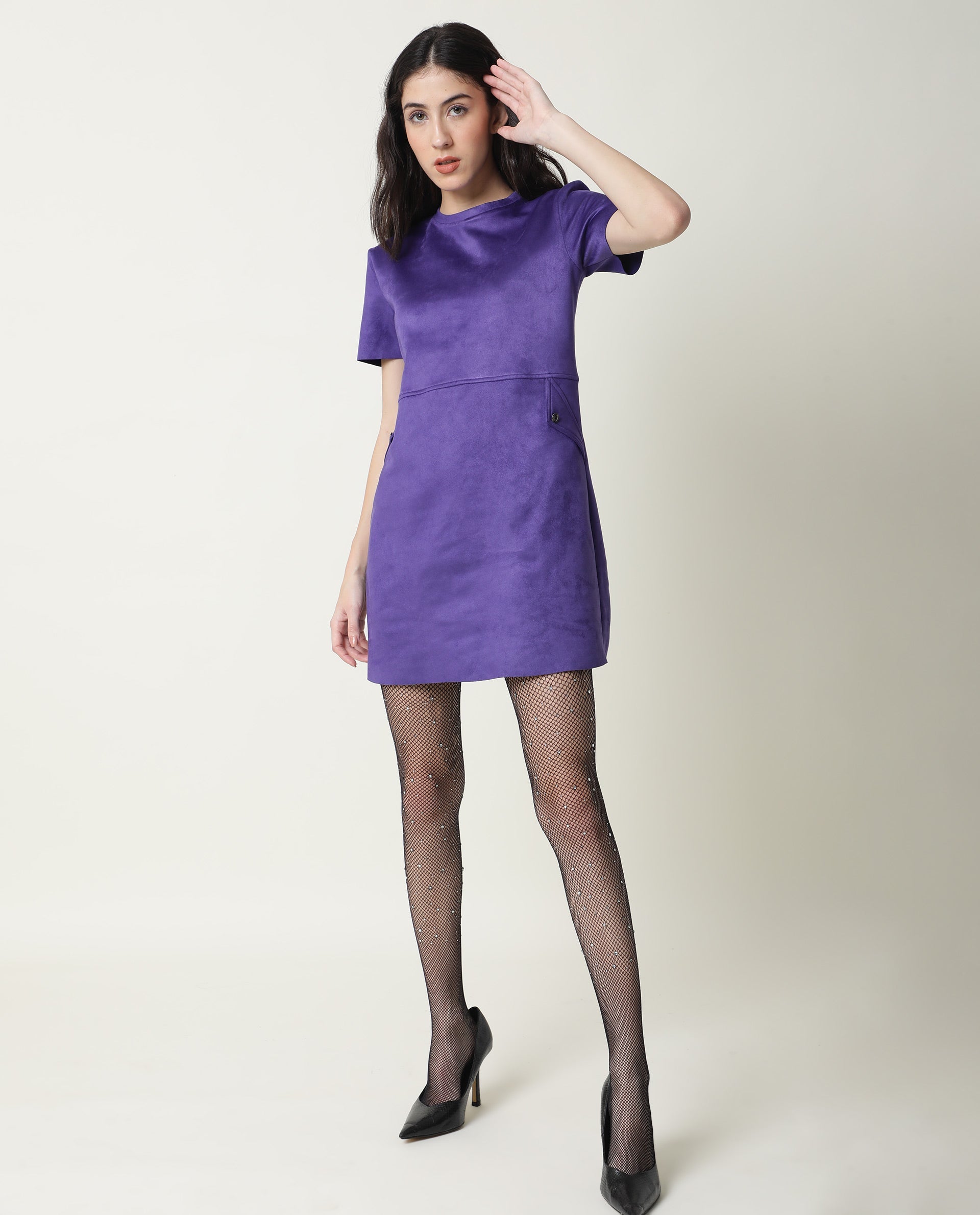 Rareism Women Sions Purple Round Neck Short Sleeves Mini Dress
