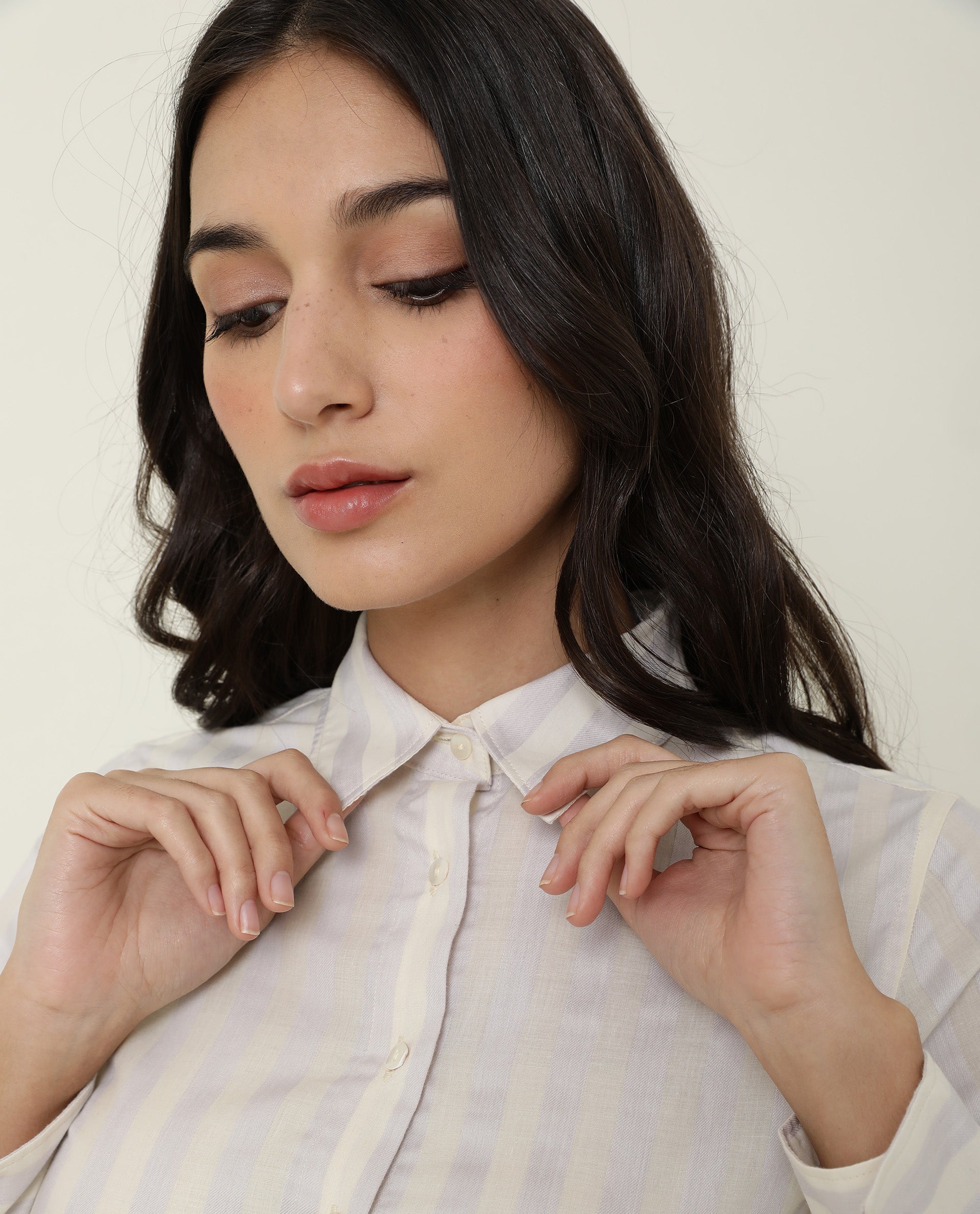 Rareism Women Pickle Yellow Cotton Fabric Regular Fit Shirt Collar Full Sleeves Striped Top