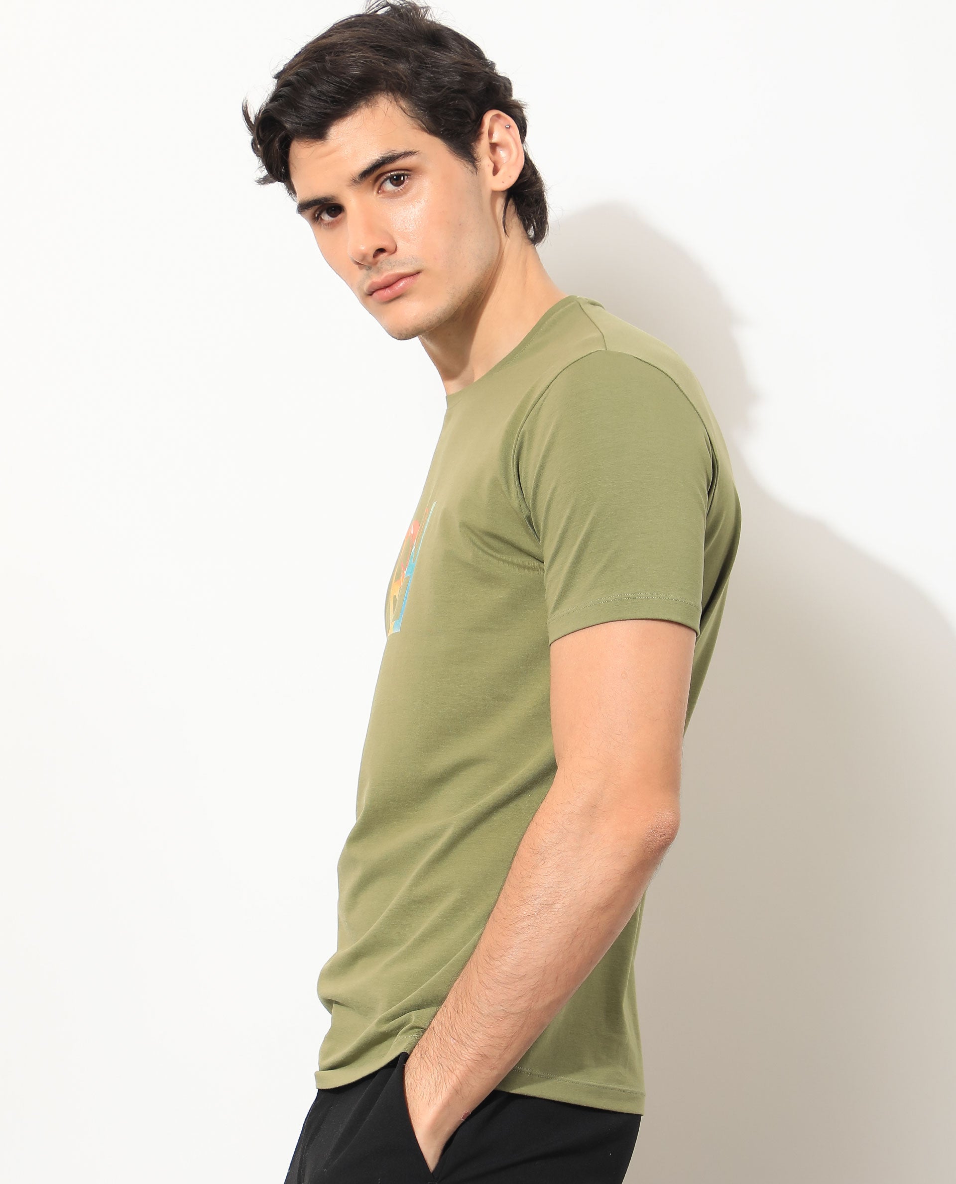 Rare Rabbit Men's Tack Olive Crew Neck Graphic Printed Half Sleeves Slim Fit T-Shirt