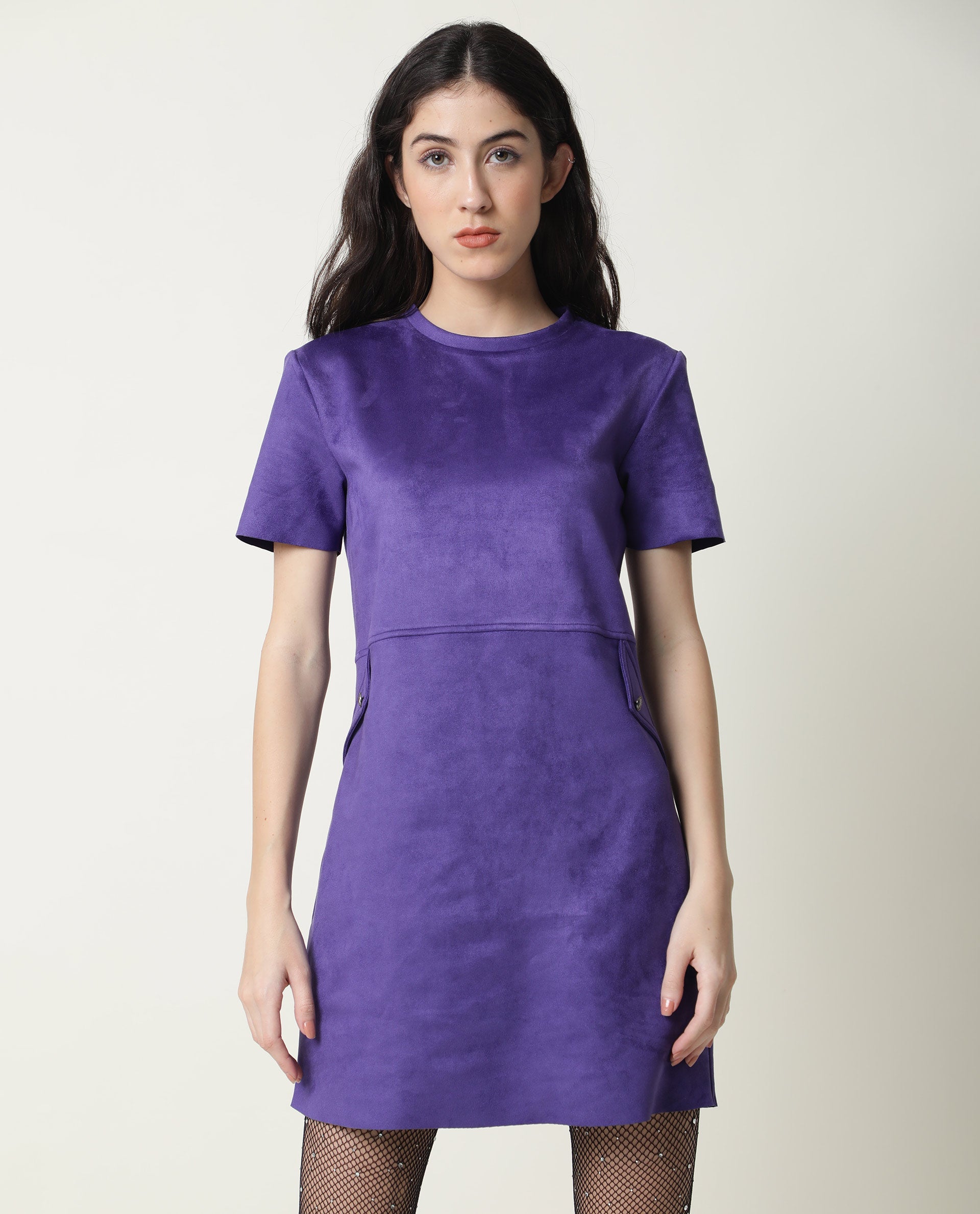 Rareism Women Sions Purple Round Neck Short Sleeves Mini Dress