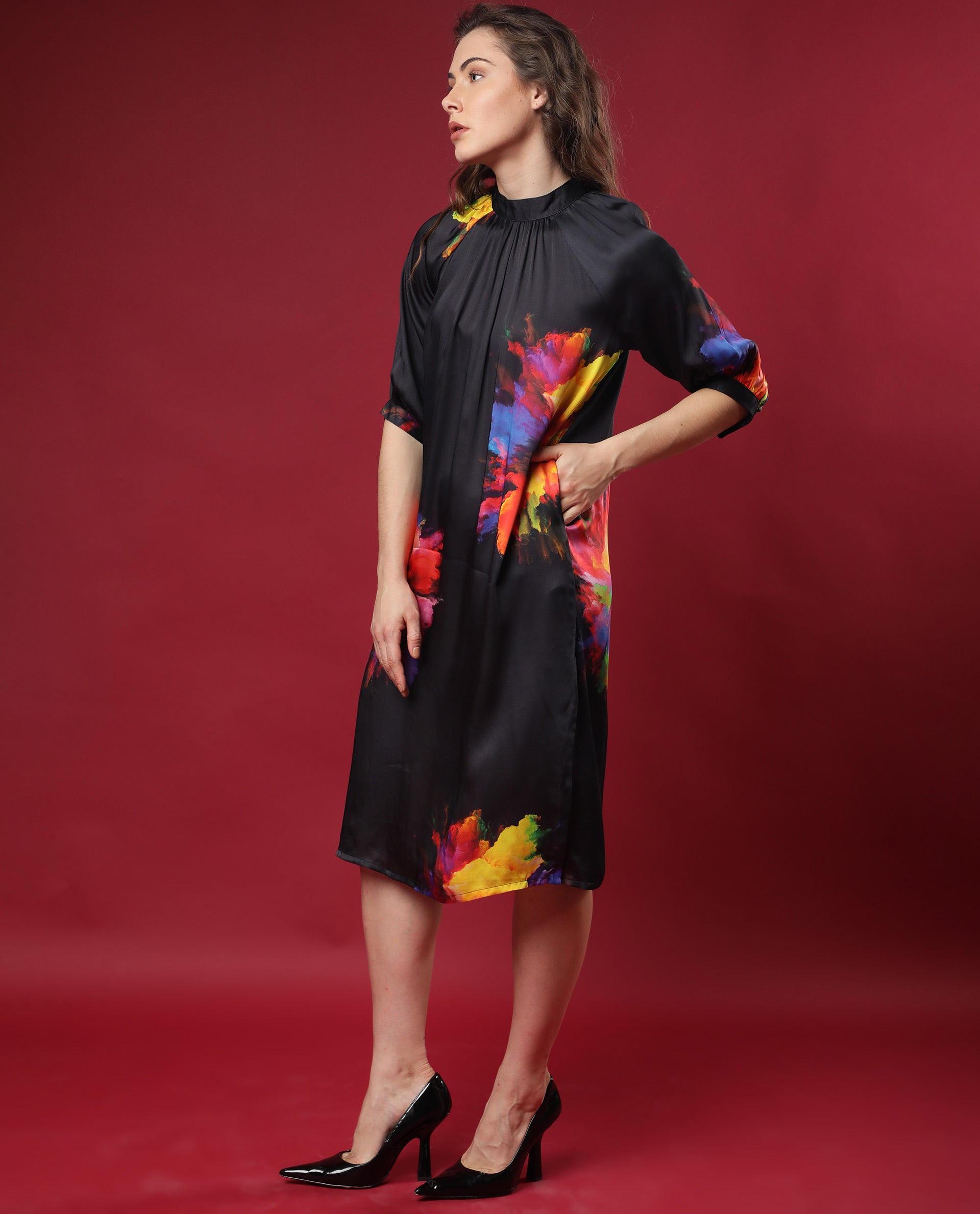Rareism Women Jovi Black Floral Print High Neck Half Sleeves Back Button Closure With Pockets Knee Length Dress