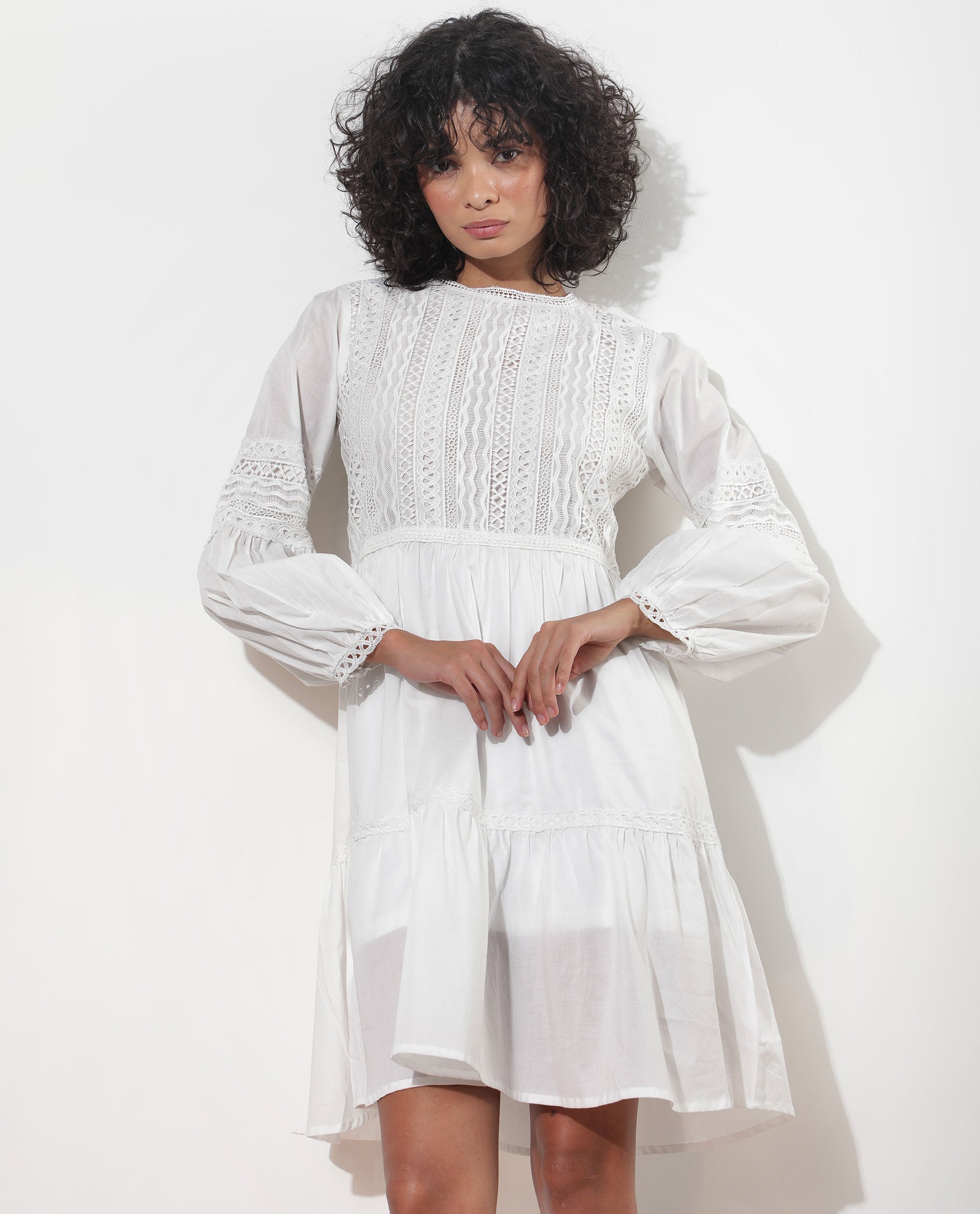 Rareism Women Darmini White Cotton Fabric Full Sleeves Round Neck Puff Sleeve Relaxed Fit Plain Knee Length Empire Dress