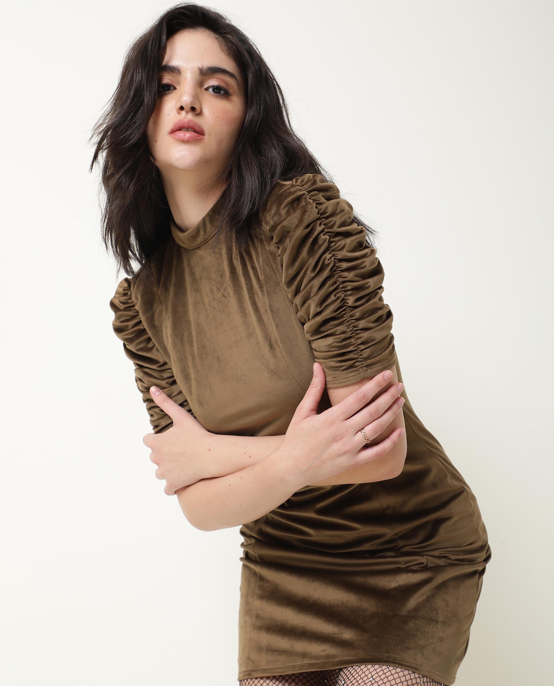 Rareism Women Winey Olive Round Neck Ruched Half Sleeves Mini Dress