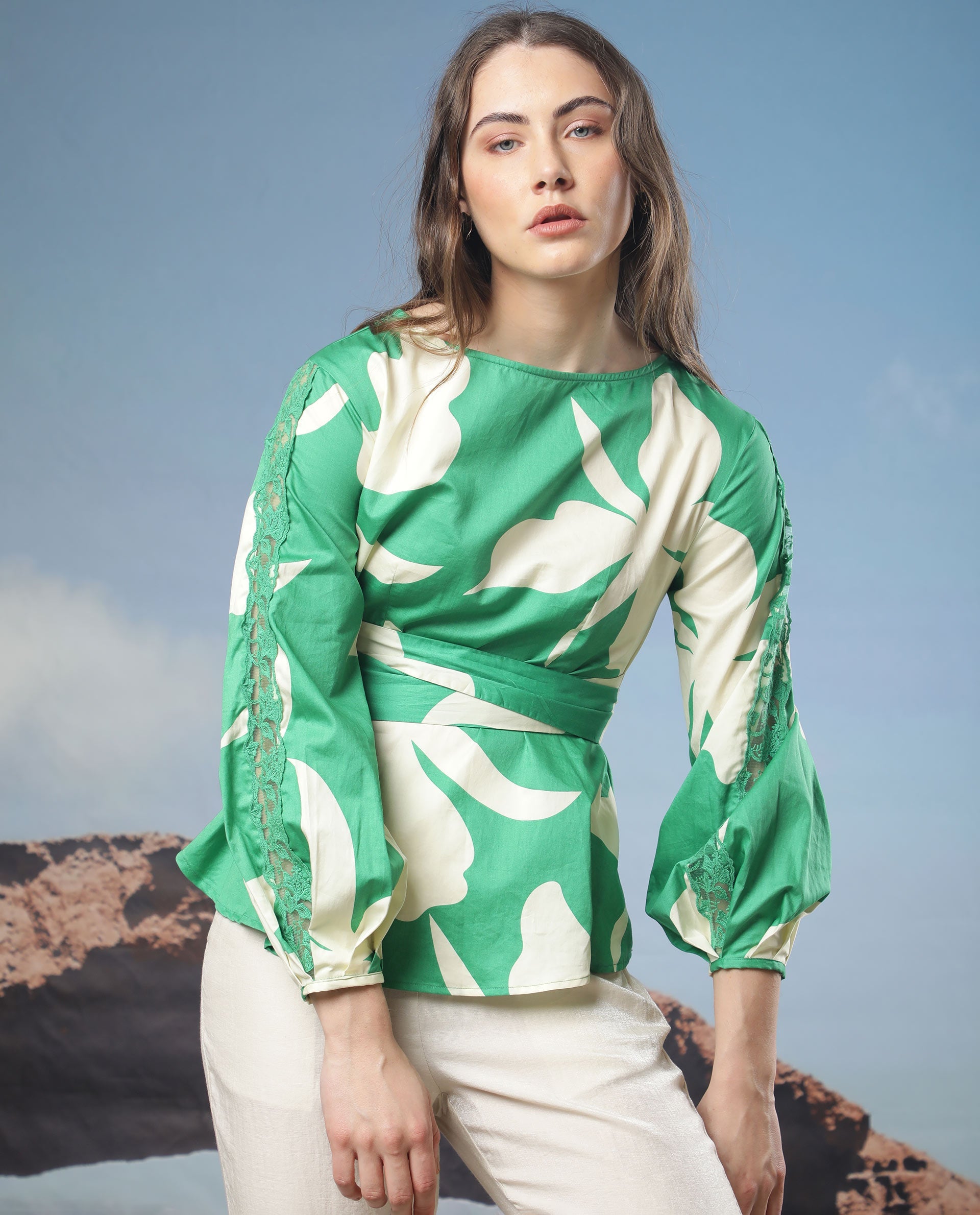 Rareism Women Sloane Green Top Cotton Fabric Full Sleeves Print