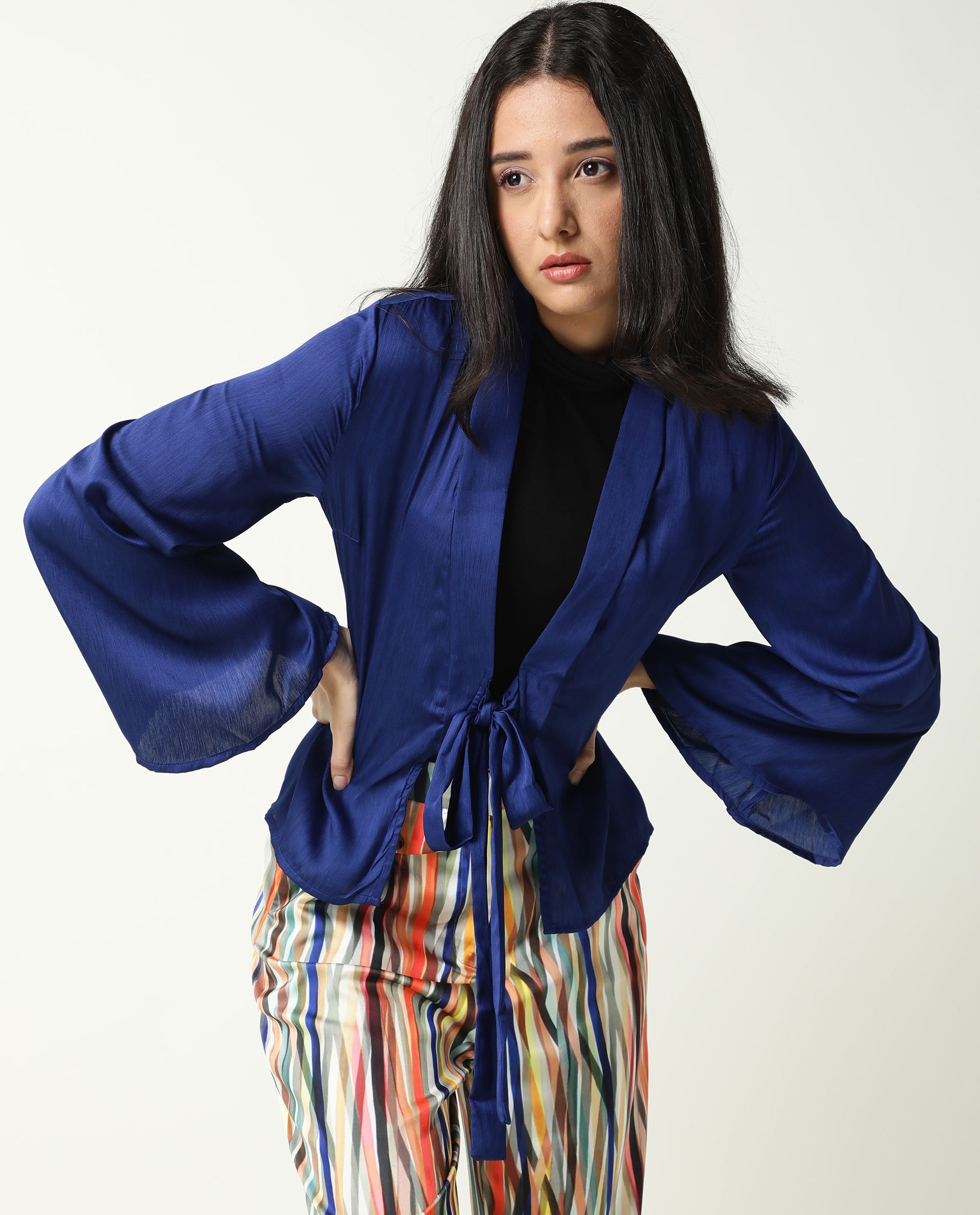 Rareism Women Cuff Blue Polyester Fabric Regular Fit Solid Shawl Collar Outer Wear