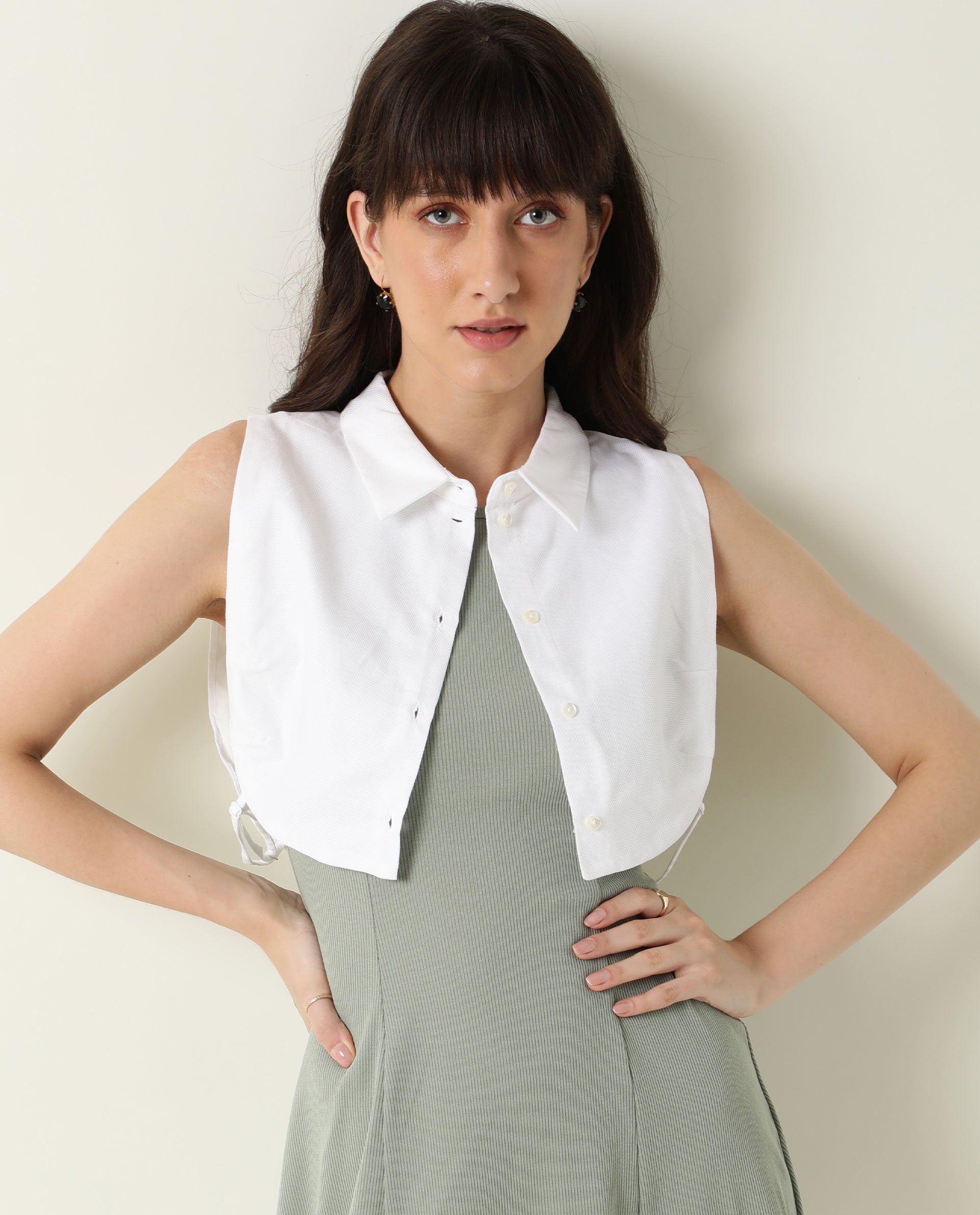 Rareism Womens Floret White Over Layer Cotton Fabric Cropped Length Sleeveless Button Fastening Collar Neck