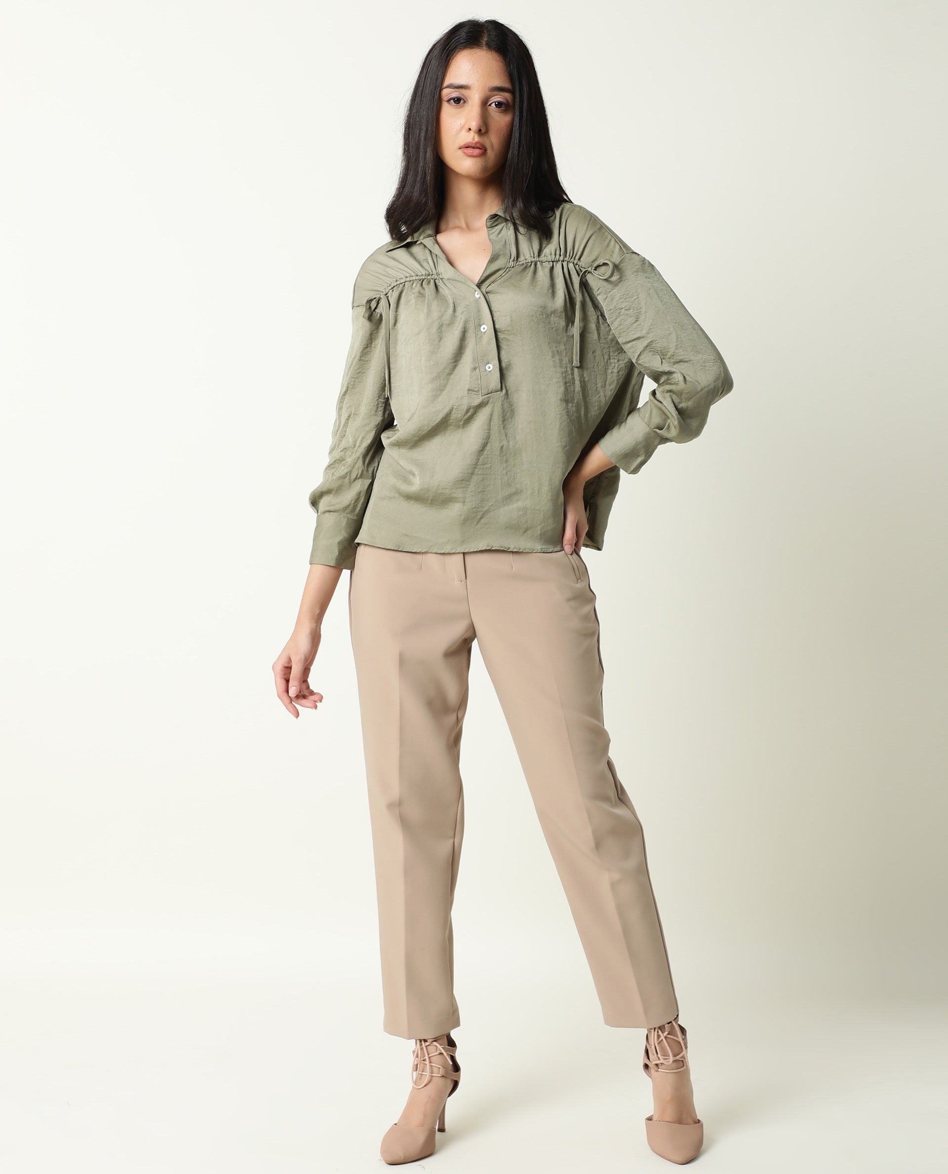 Rareism Womens Hullay Green Top Polyester Fabric Regular Fit 3/4 Sleeve Collared Neck