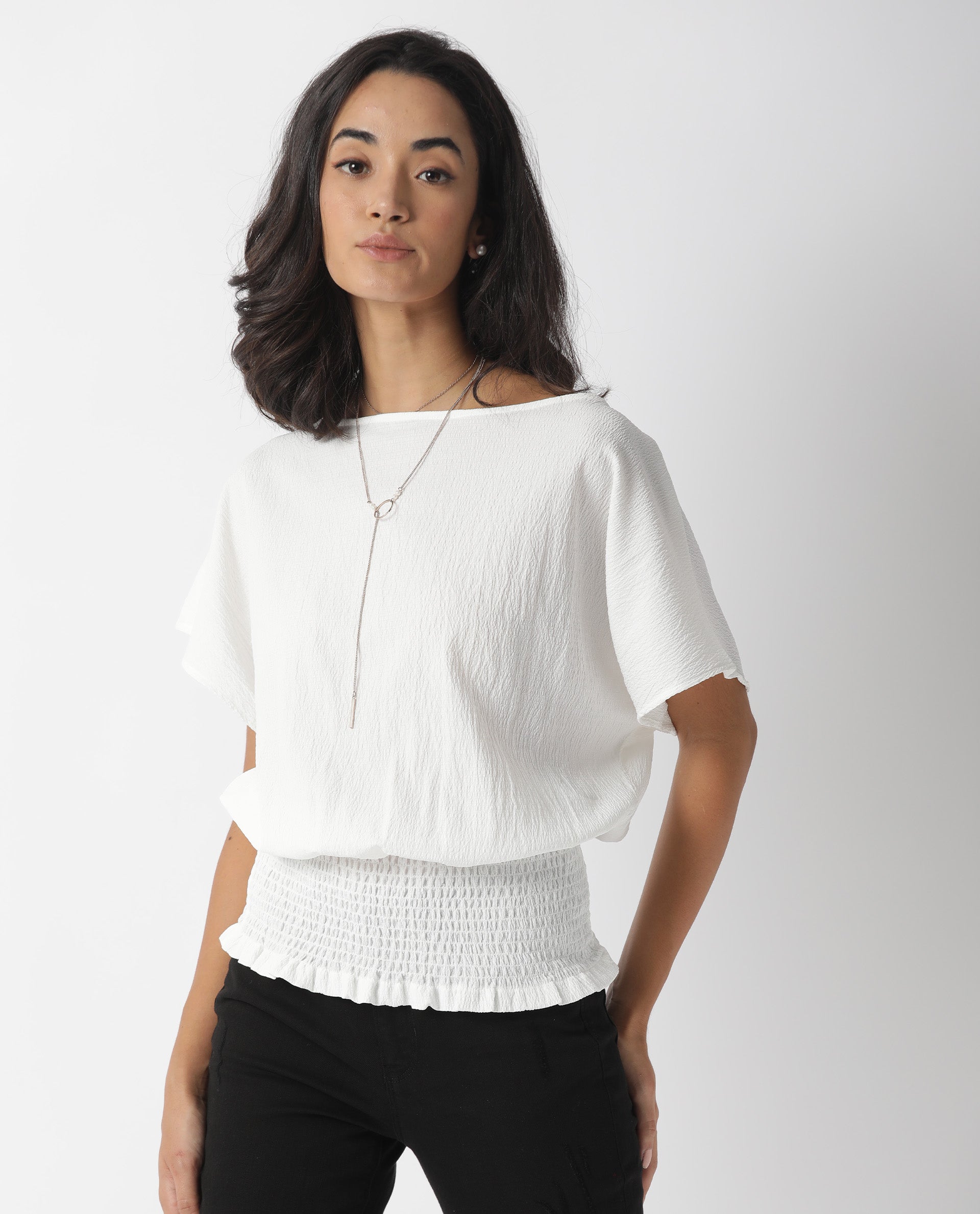 Rareism Womens Battle White Top Viscose Fabric Regular Fit Puff Sleeves Round Neck