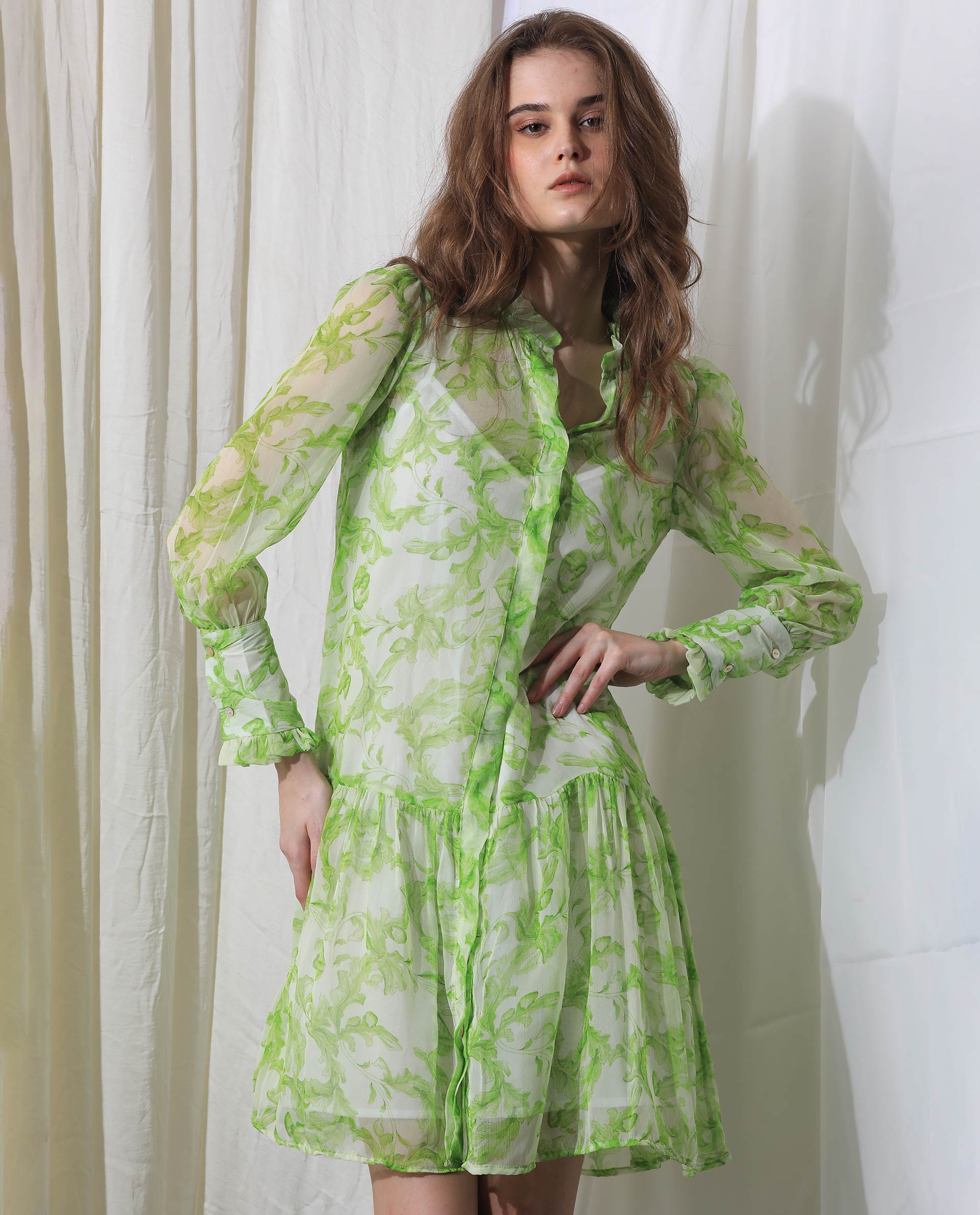 Rareism Women's Quin Green Polyester Fabric Ruffled Neck Button Closure Ruffled Sleeve Floral Print Knee Length Dress