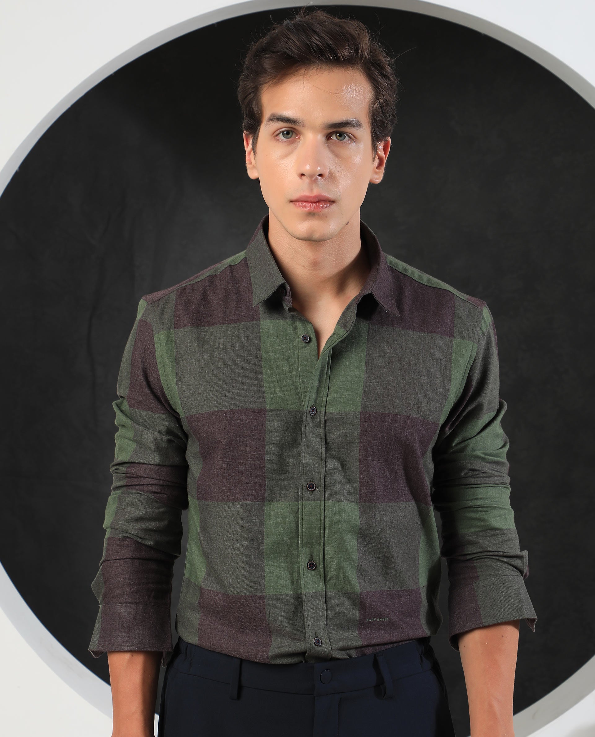 Rare Rabbit Men's Beavers Olive Cotton Polyester Fabric Full Sleeves Twill Checks Shirt