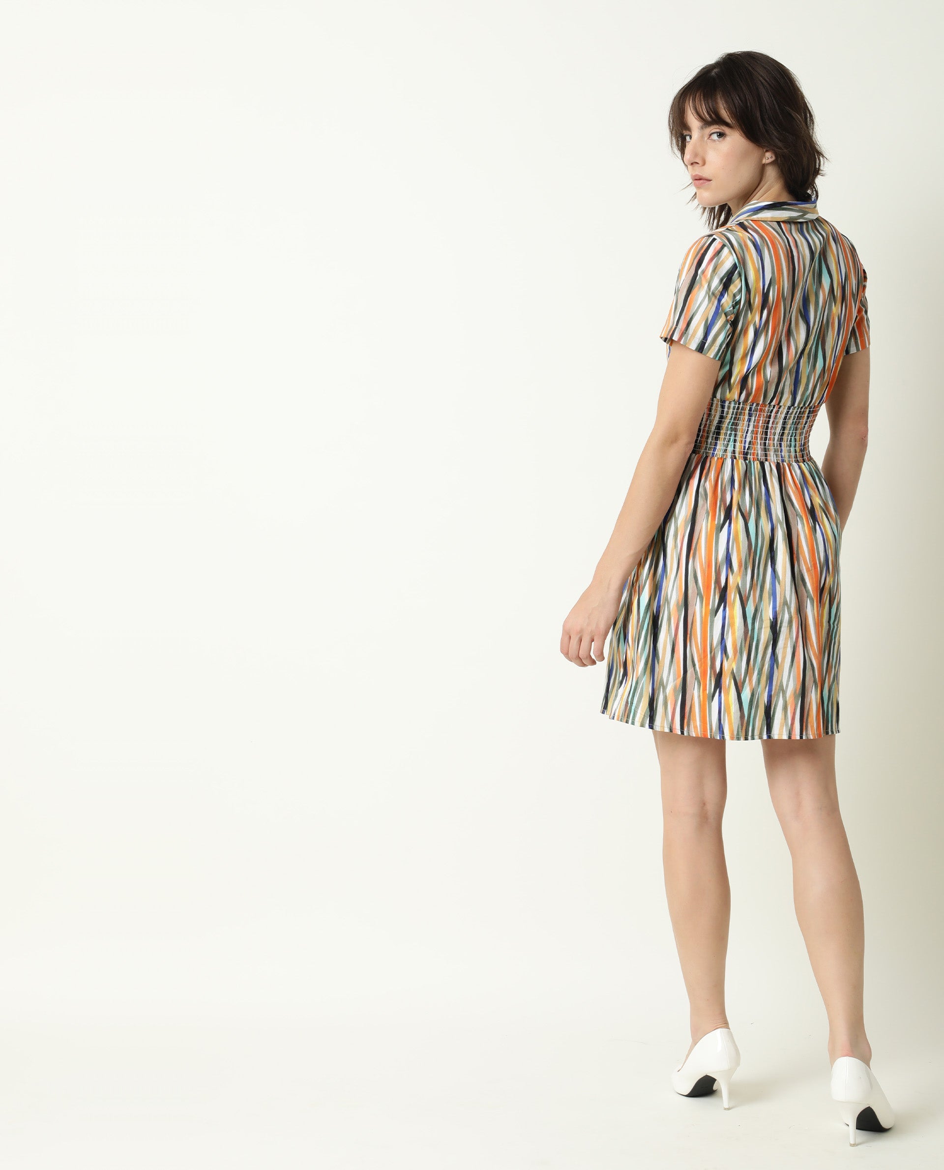 Rareism Women Shallom Multi Abstract V Neck Overlap Collar Short Sleeves Elastic Waist Band Mini Dress