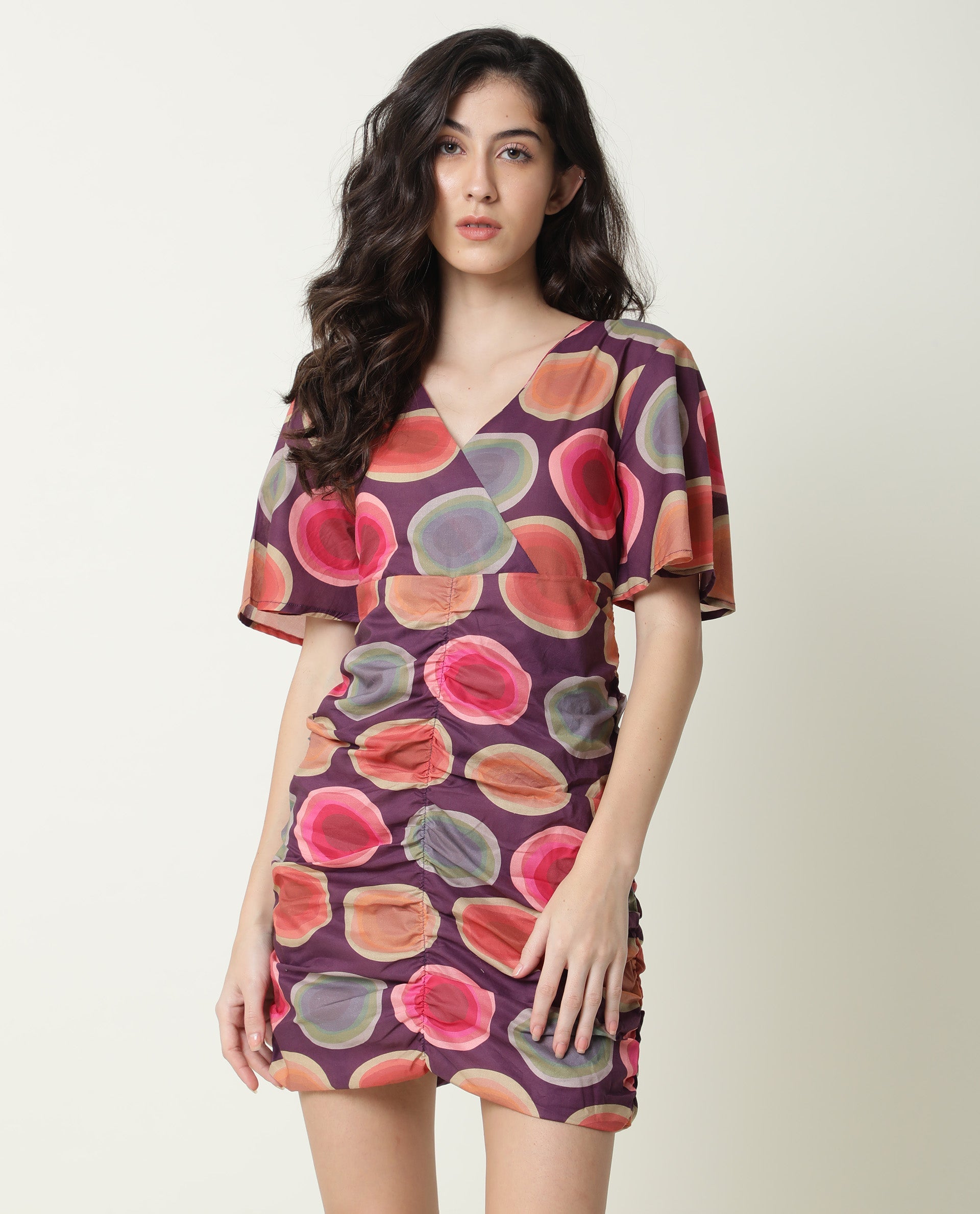 Rareism Women Anjou Purple Polka Dots Overlap Neck Half Sleeves Ruching At Sides And Back Mini Dress