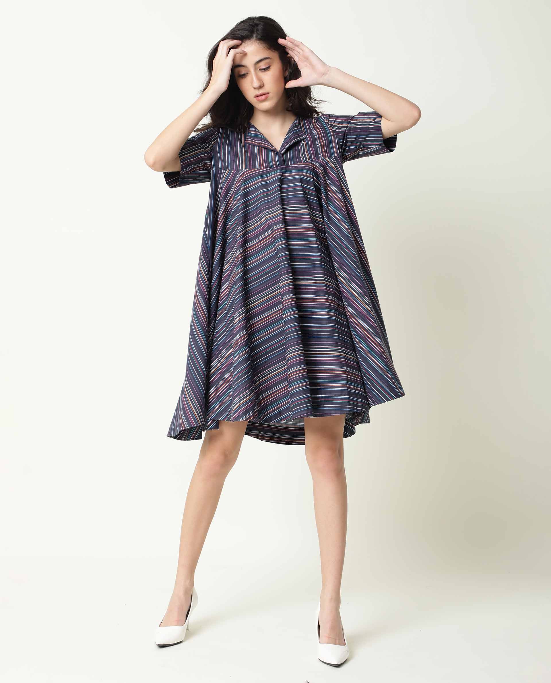 Rareism Womens Rafal Black Dress Cotton Fabric Relaxed Fit Half Sleeve Overlap Neck