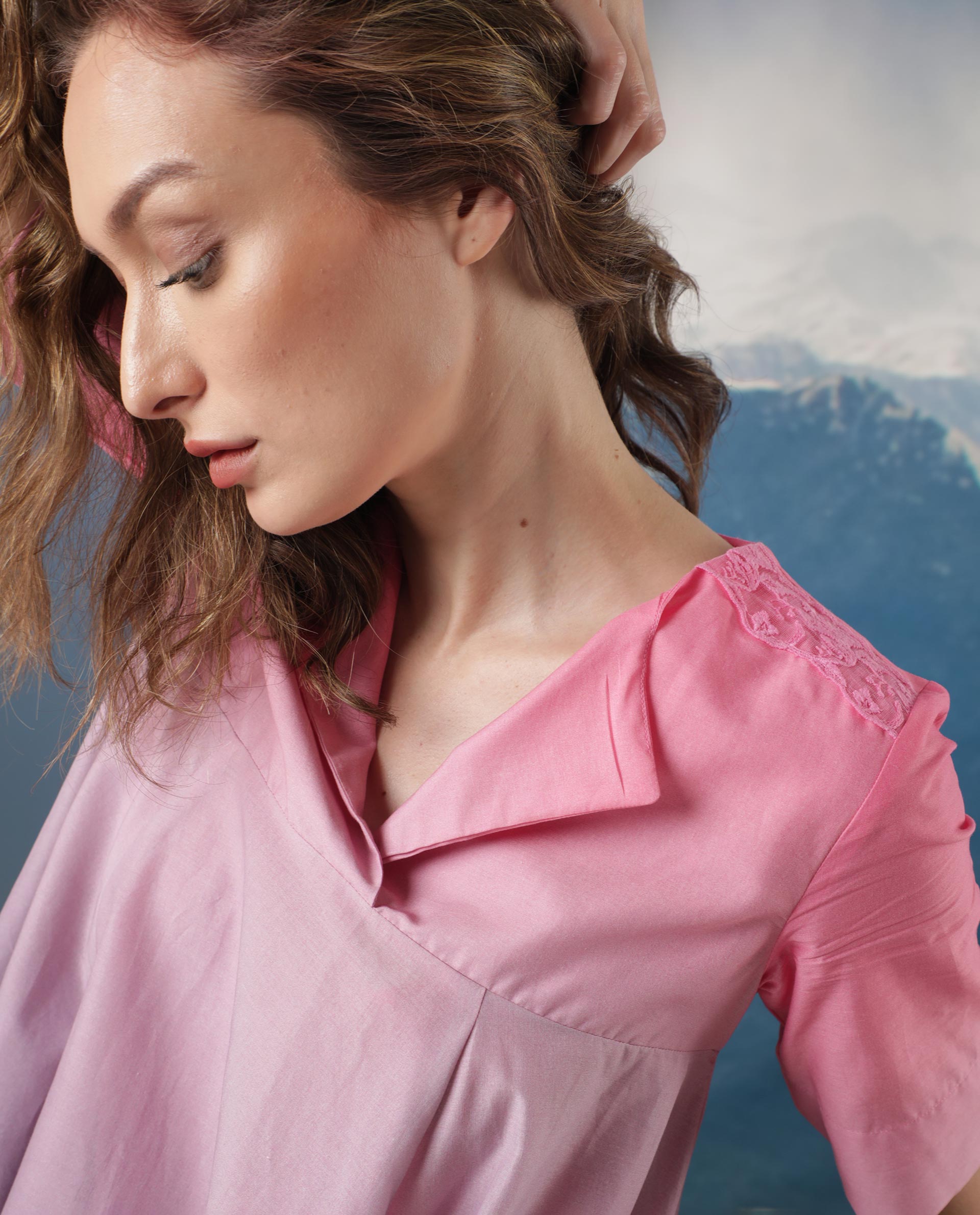 Rareism Women Celine Purple Cotton Fabric Short Sleeves Over Lap Flared Fit Ombre Knee Length Empire Dress