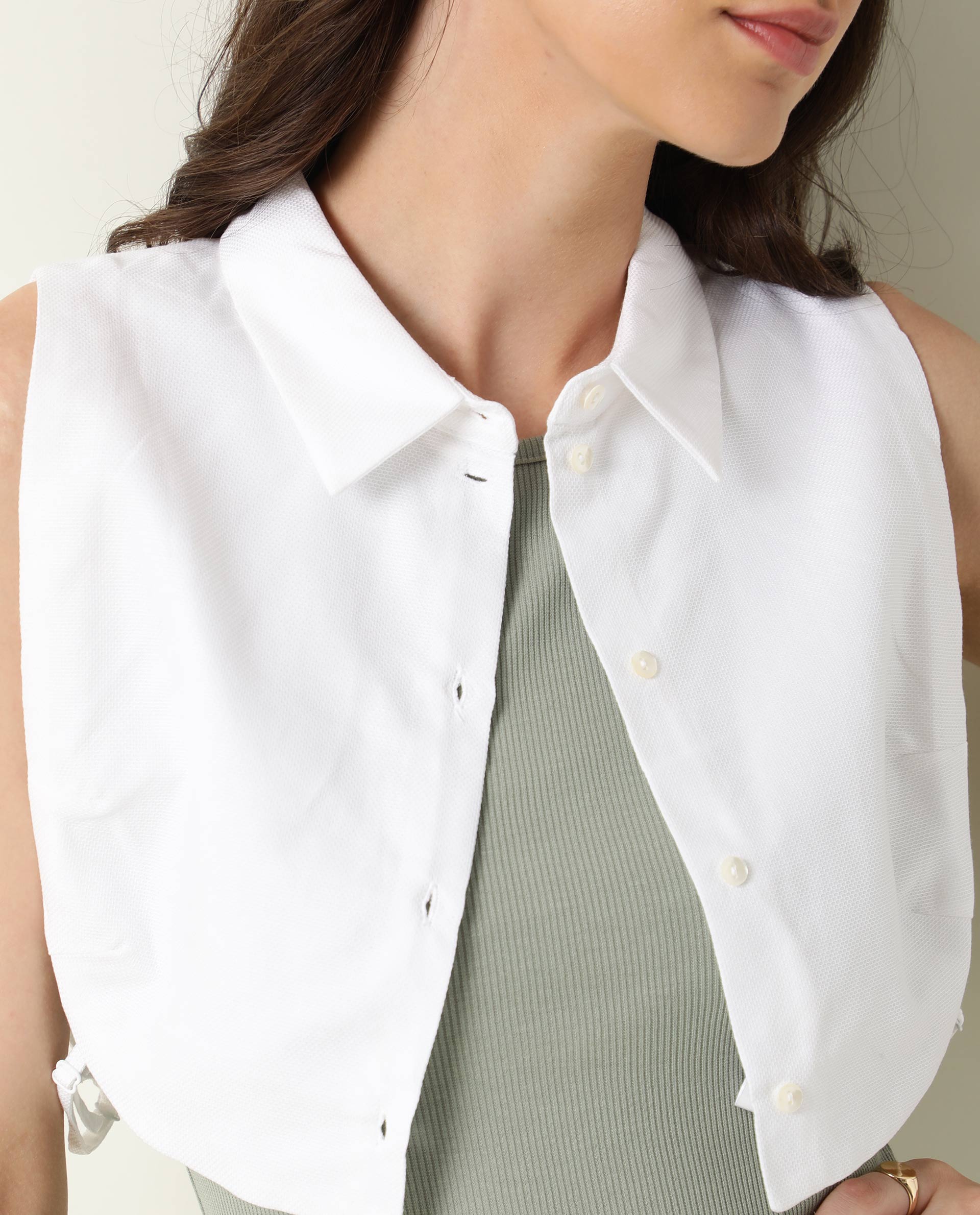 Rareism Womens Floret White Over Layer Cotton Fabric Cropped Length Sleeveless Button Fastening Collar Neck