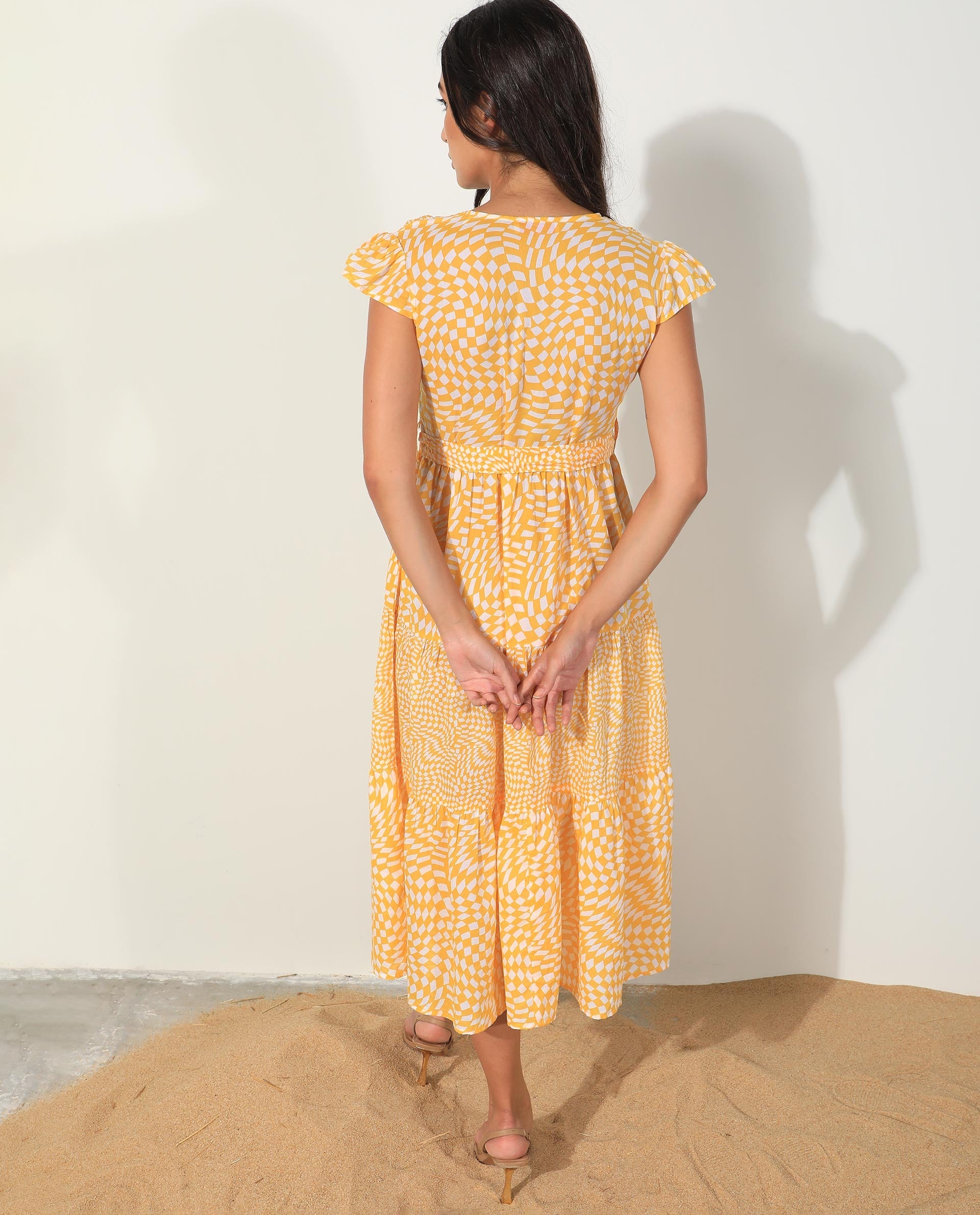 Rareism Women's Whitney Yellow Cotton Fabric V-Neck Button Closure Cape Sleeve Geometric Print Knee Length Dress